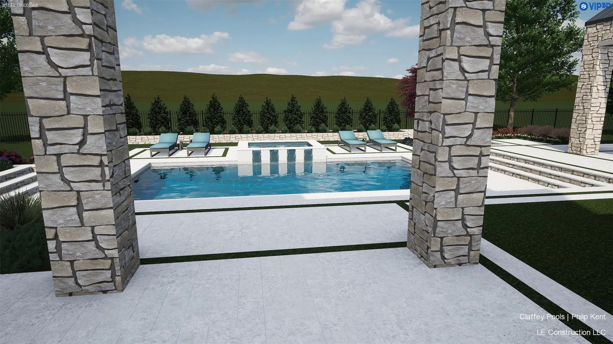 Swimming pool with integrated spa, surrounded by a white concrete deck and stone columns