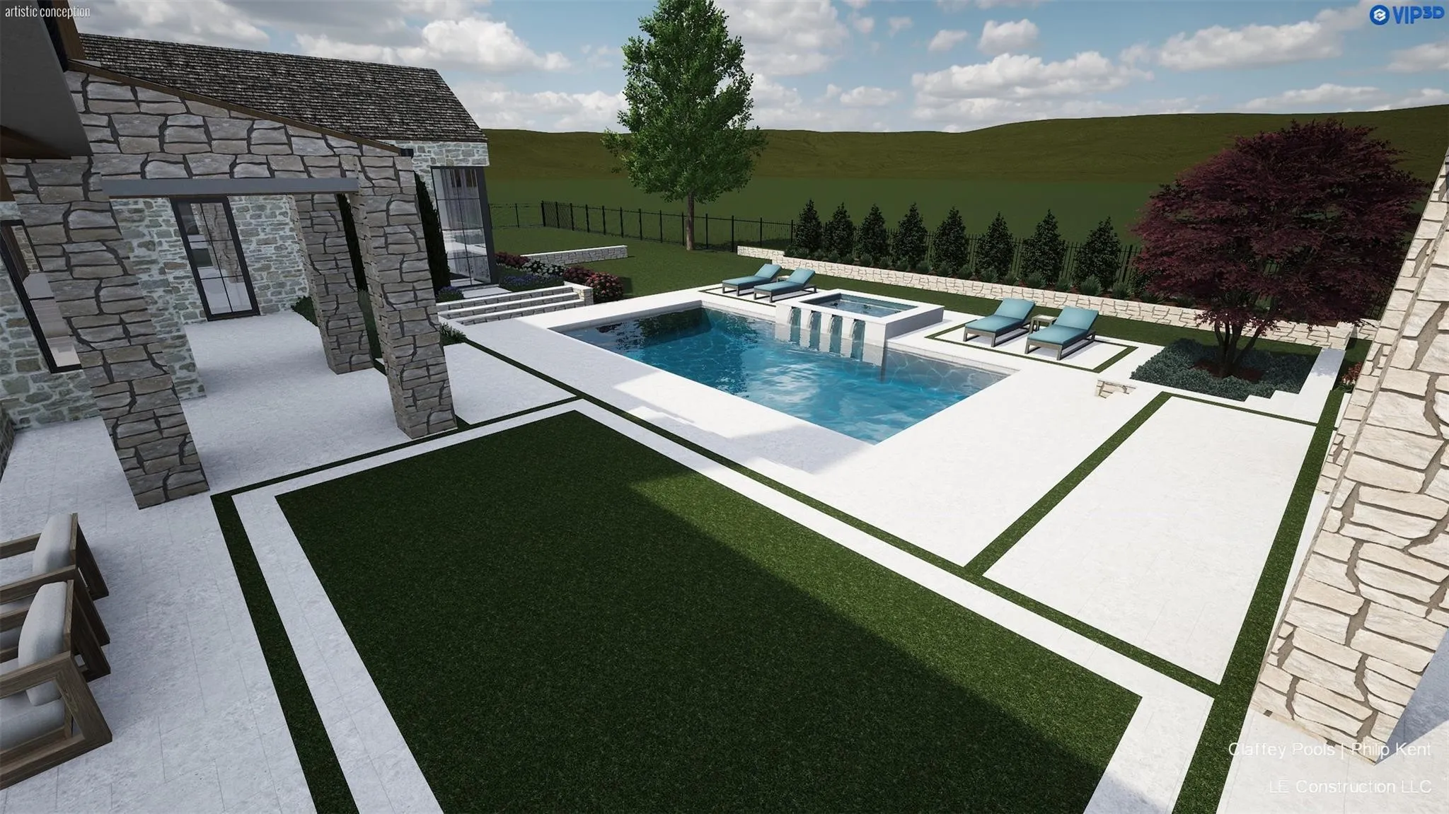 Stone exterior with a covered patio, rectangular pool, and integrated spa
