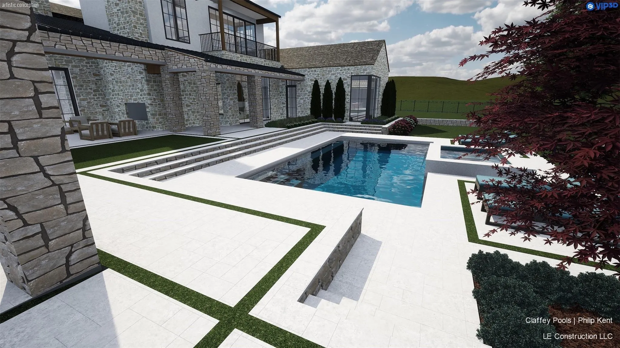 Expansive outdoor living area featuring a rectangular swimming pool, integrated spa, and spacious white tile hardscaping with grass accents