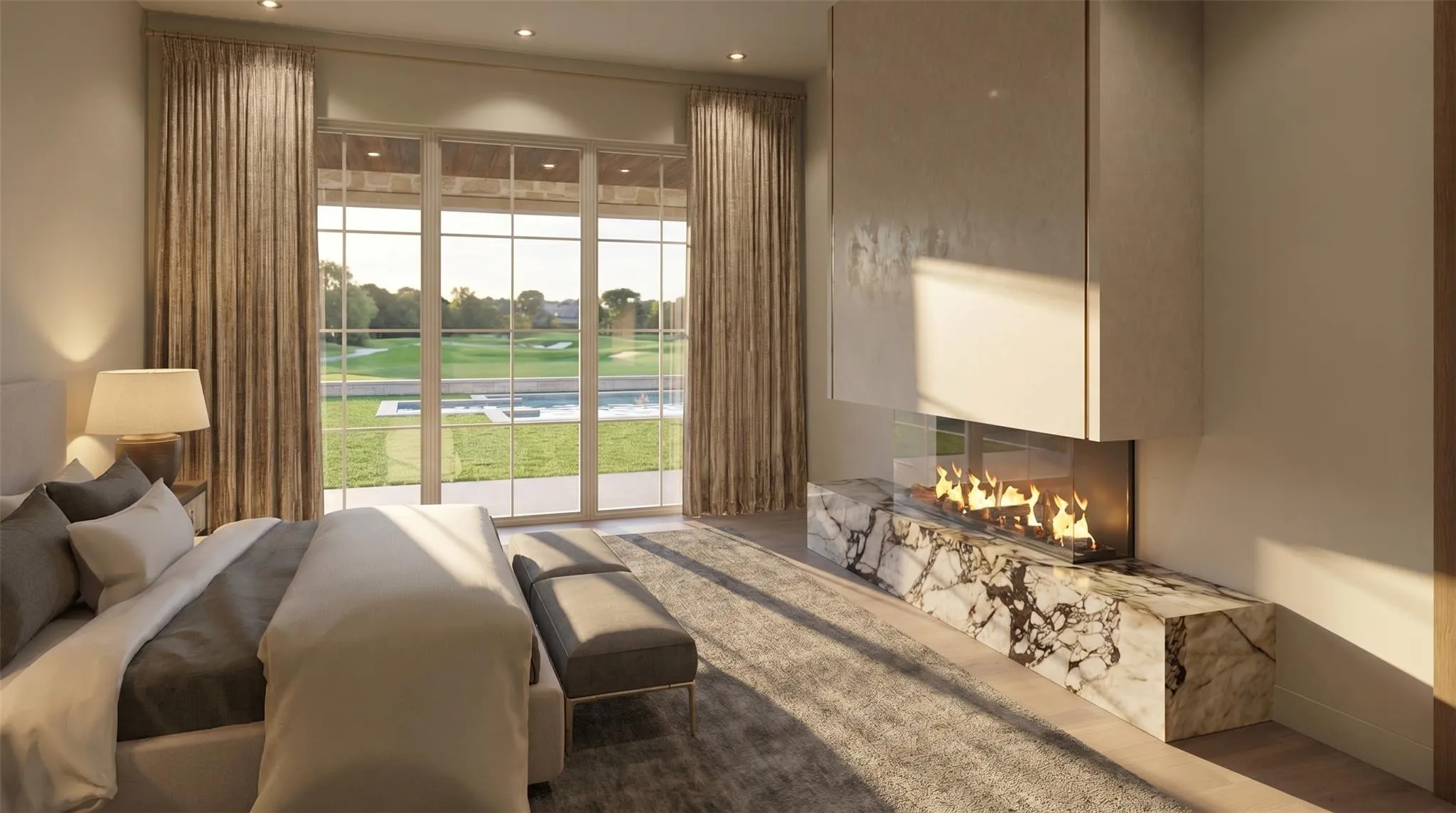 Expansive glass doors, floor-to-ceiling drapery, and a linear fireplace with a stone-finish hearth