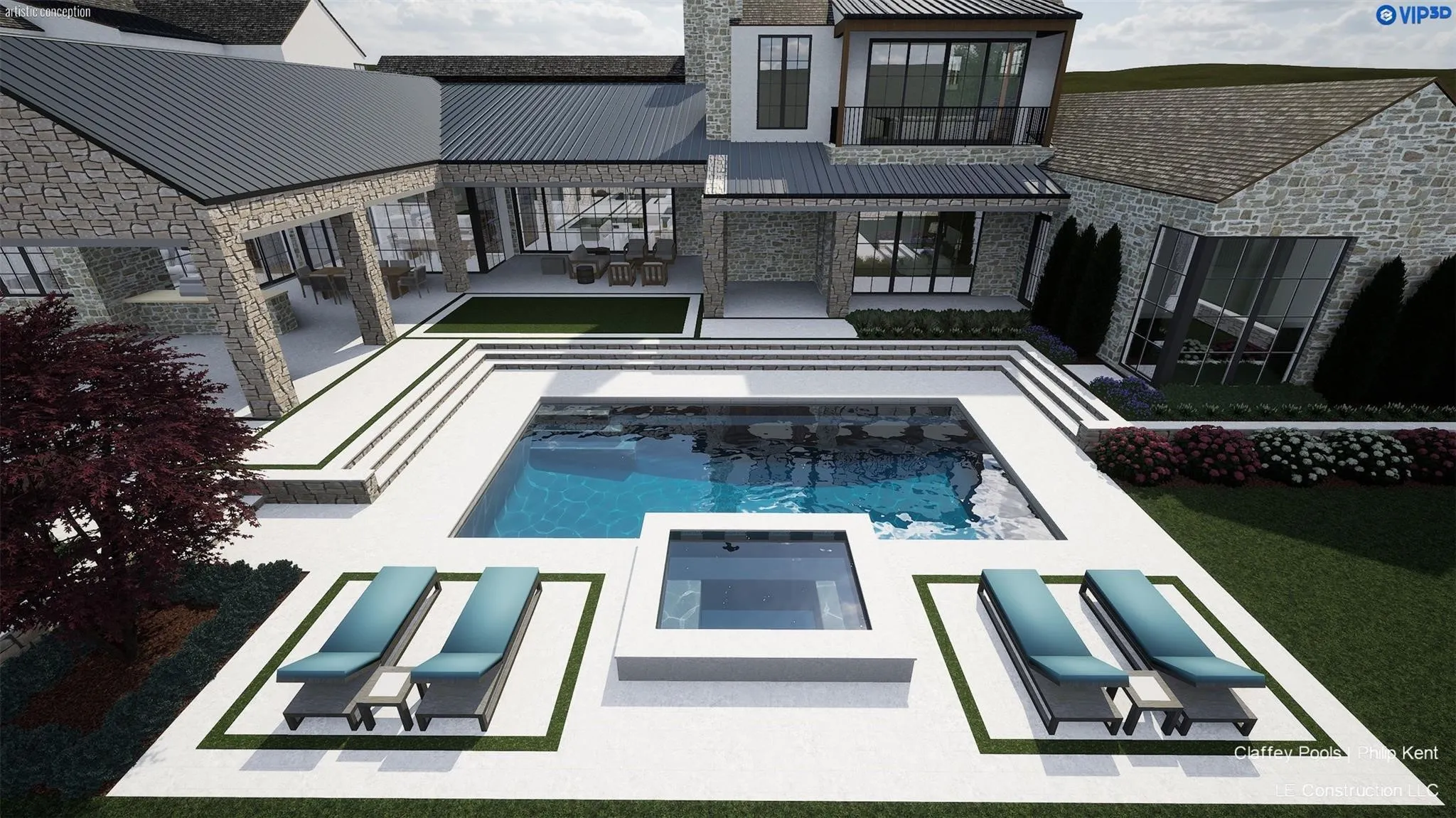 Expansive outdoor space featuring a rectangular swimming pool, integrated spa, and extensive white hardscaping
