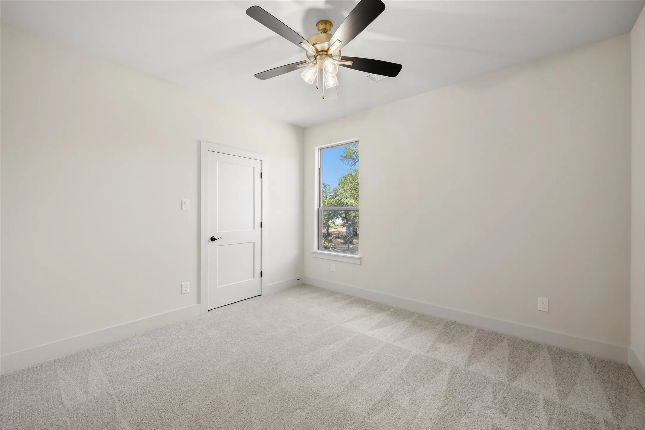 Bright interior featuring a ceiling fan, neutral wall tones, and patterned carpeting