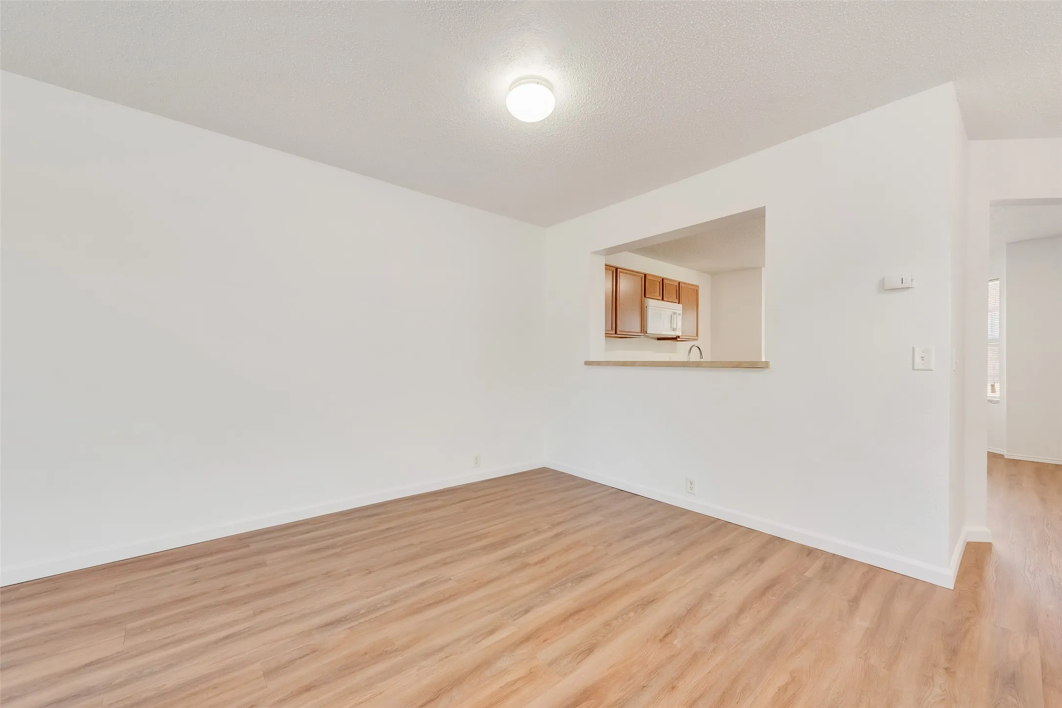 Wood-finish flooring, white walls, overhead ceiling light, and a pass-through window with a countertop