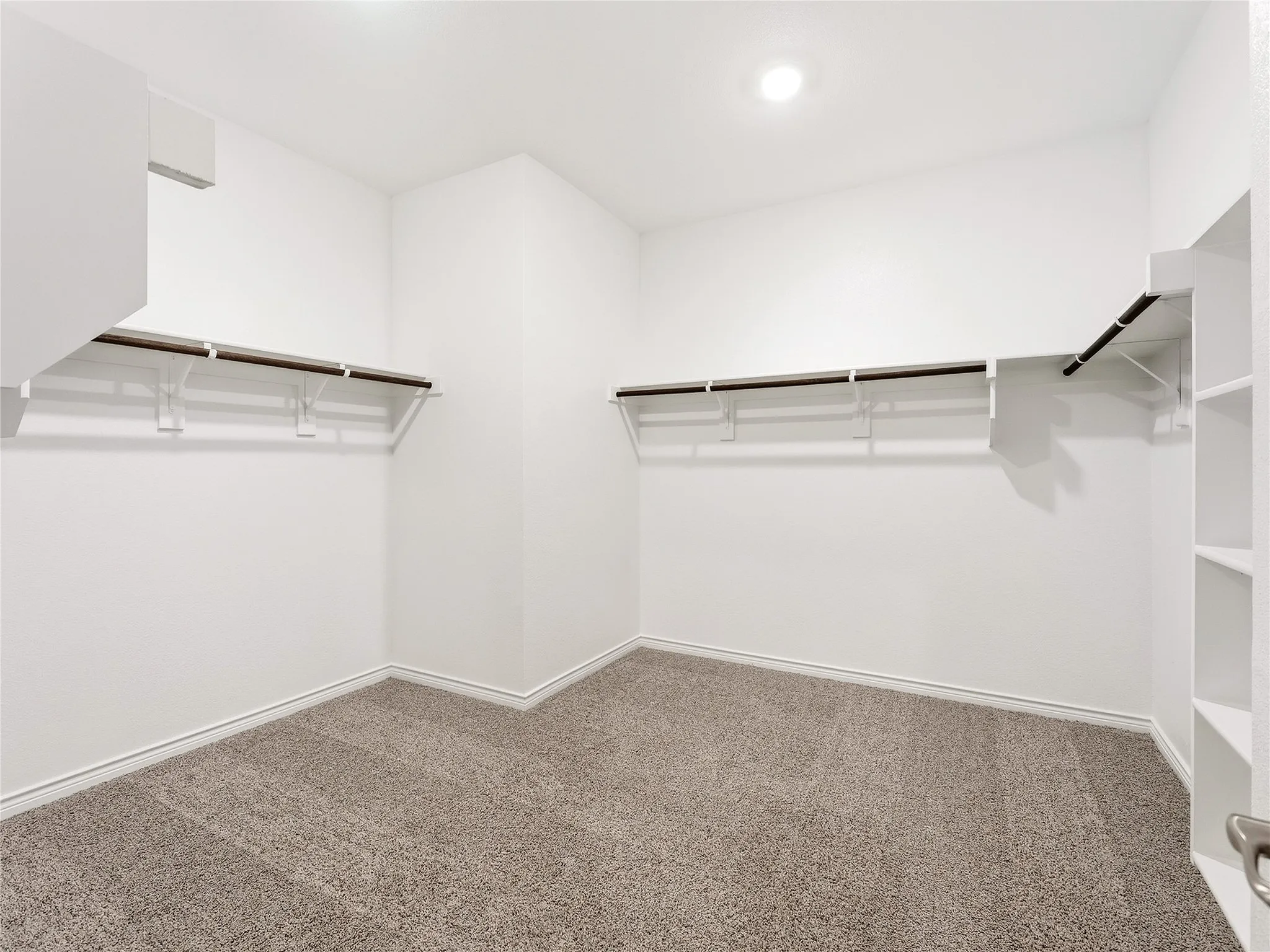Primary bedroom expansive closet space featuring carpet flooring, built-in shelving, hanging rods, and recessed lighting