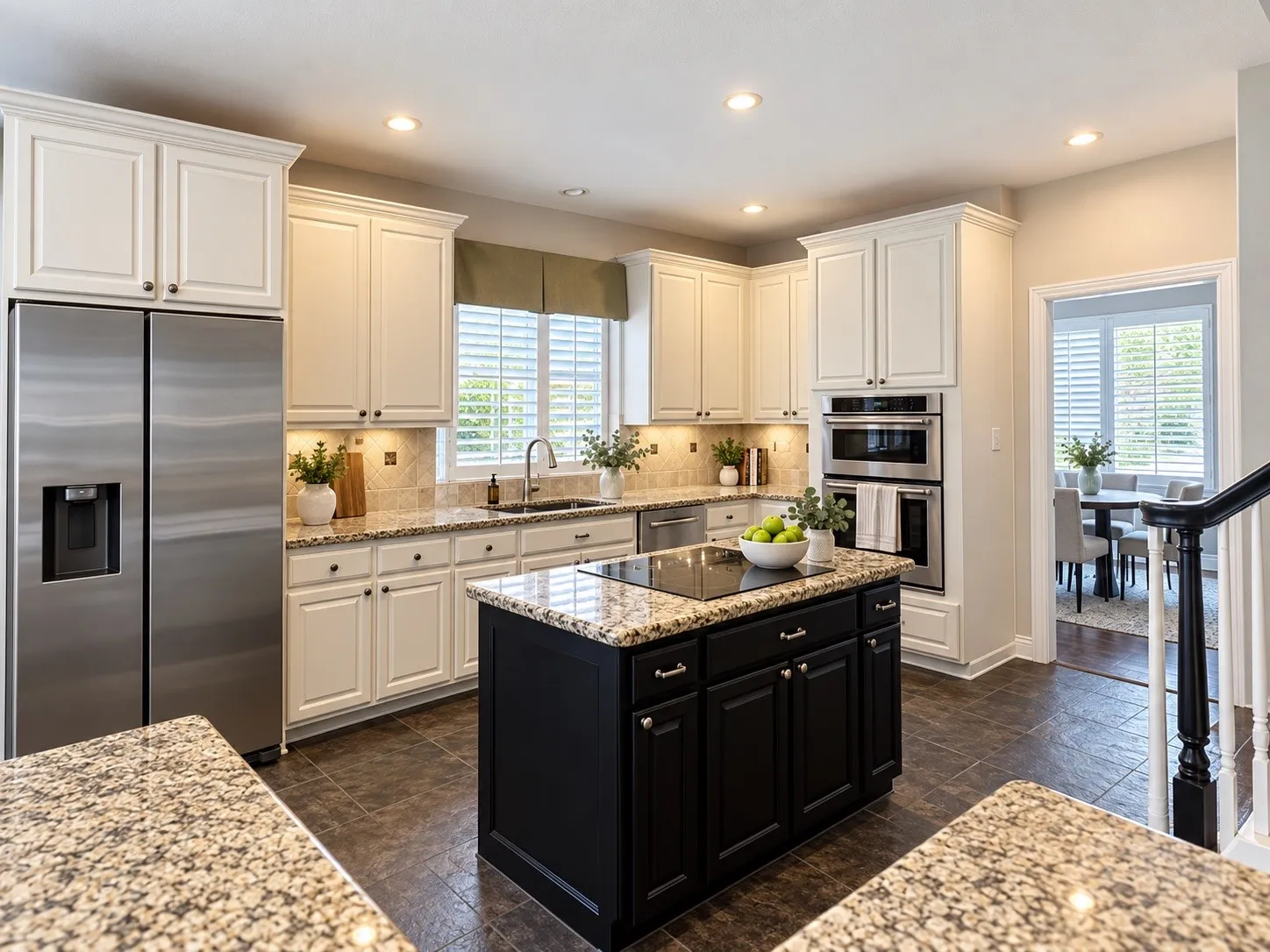Gourmet kitchen with white cabinetry, stainless steel appliances, a central island with a cooktop, stone countertops, and tile flooring
