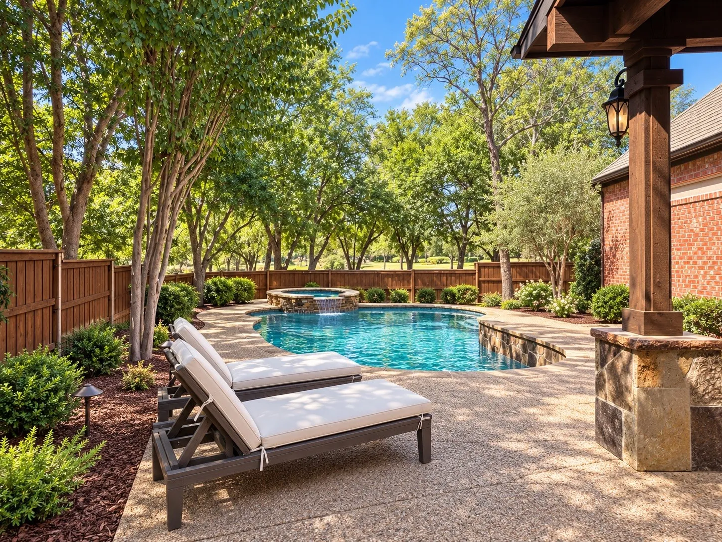 Curved swimming pool with an integrated spa, exposed aggregate concrete patio, mature trees, and a privacy fence