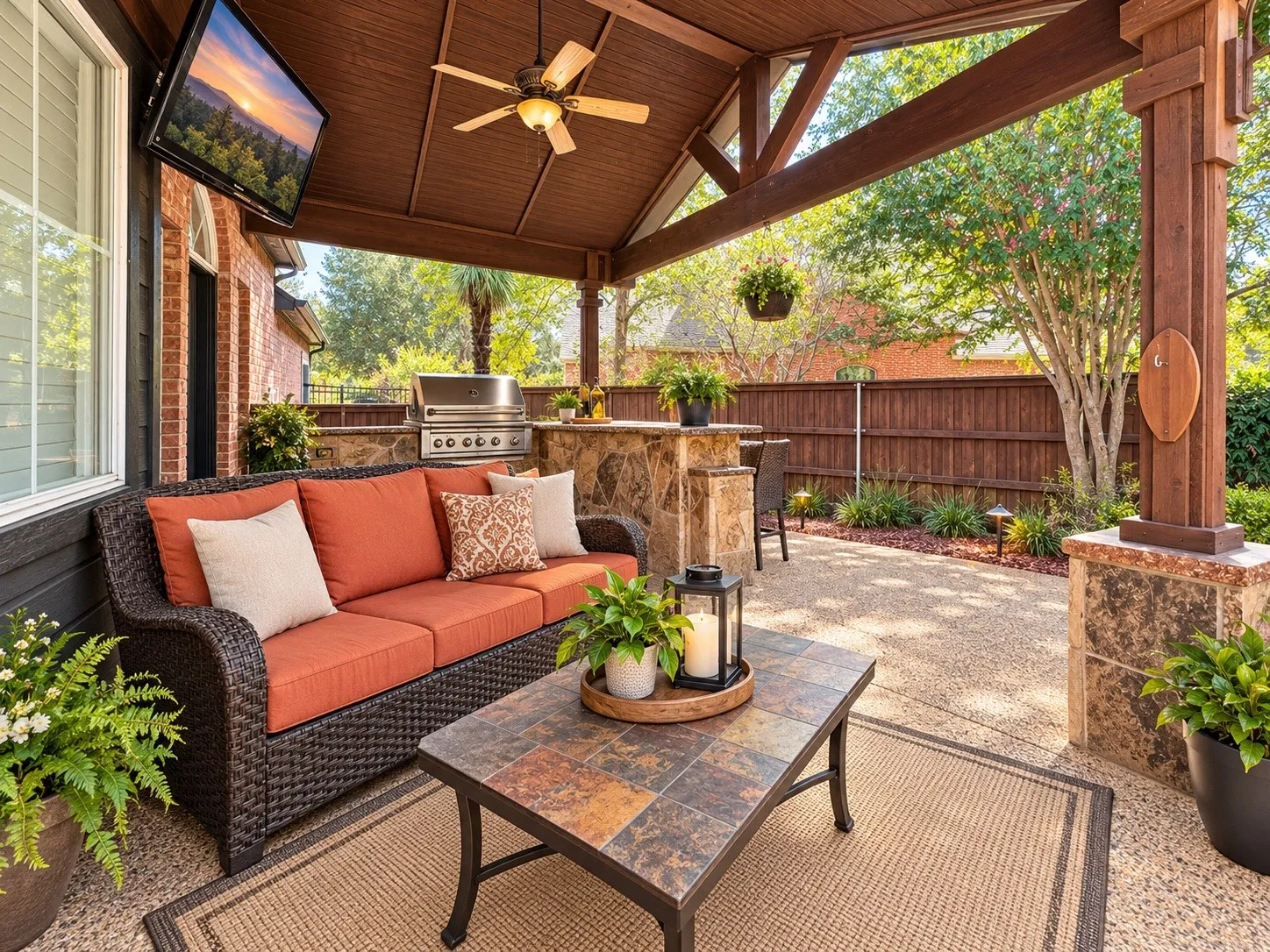 Covered patio featuring exposed aggregate concrete flooring, an outdoor kitchen with built-in grill, and a wood-finish ceiling with a ceiling fan