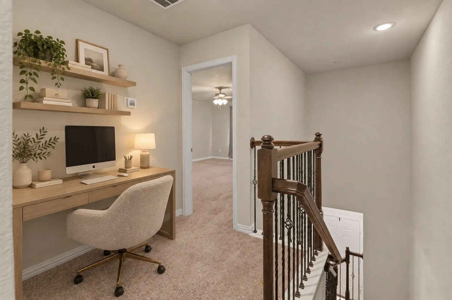 Virtually staged landing at the top of the stairs