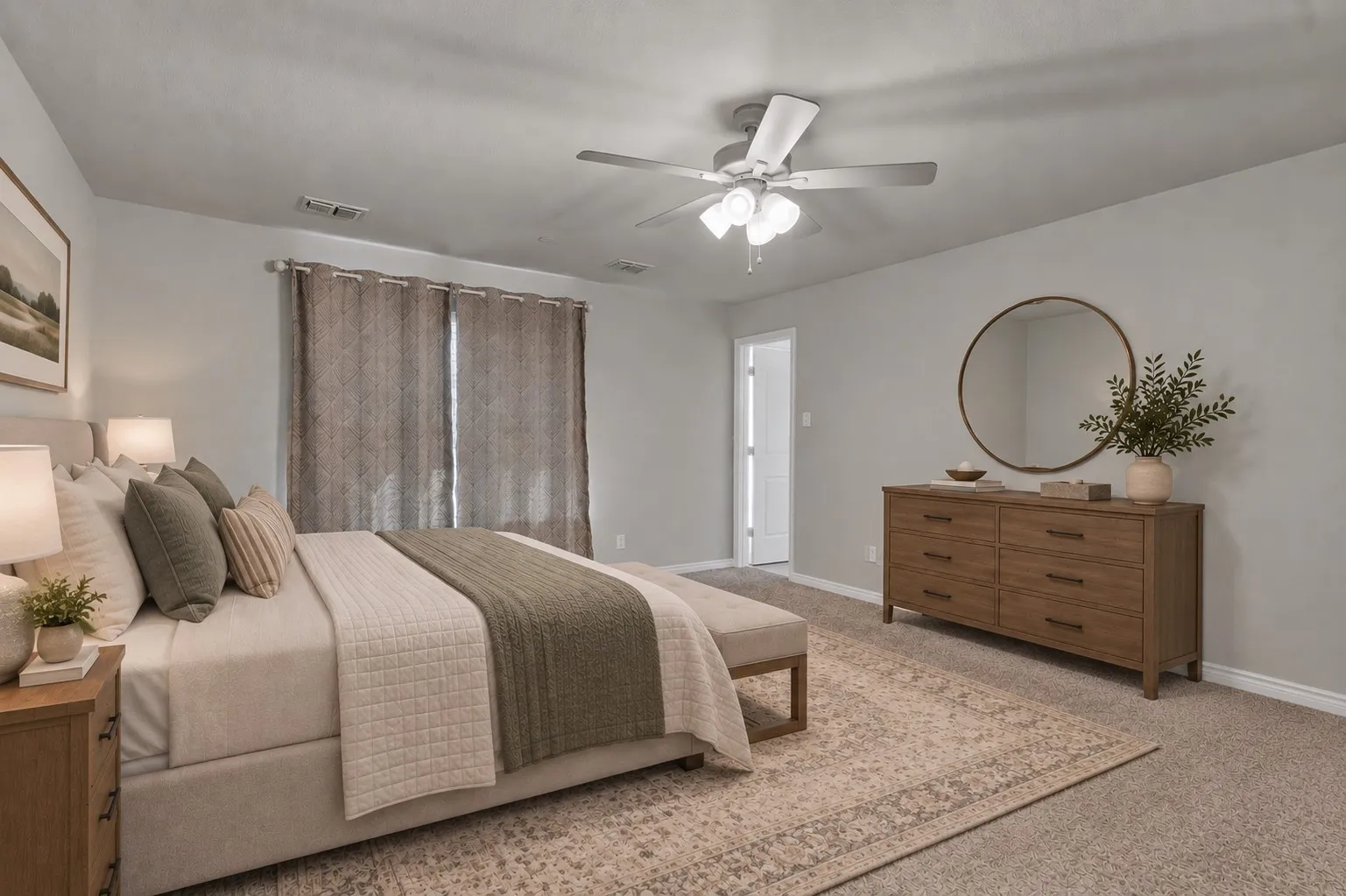 Virtually staged primary bedroom