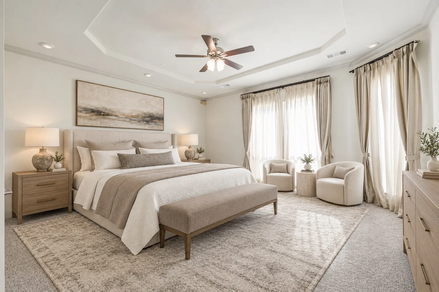 Recessed lighting and ceiling fan, tray ceiling with crown molding,  and expansive window openings-  Downstairs -staging with AI
