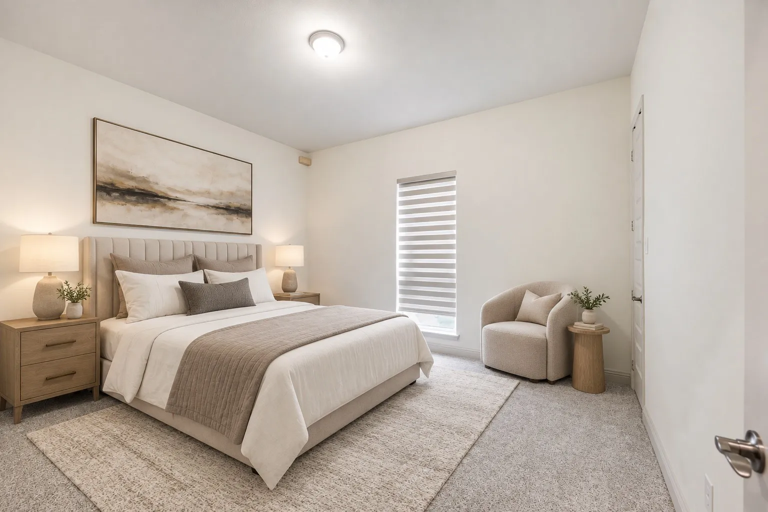 Plush carpeting, a single window with blinds, and a paneled door- Downstairs -staging with AI