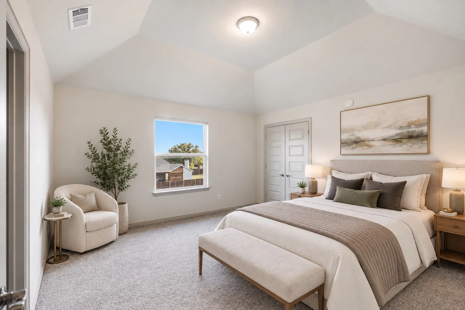 Vaulted ceiling, neutral wall paint, light gray carpet flooring, white trim window, and double panel doors staging with AI