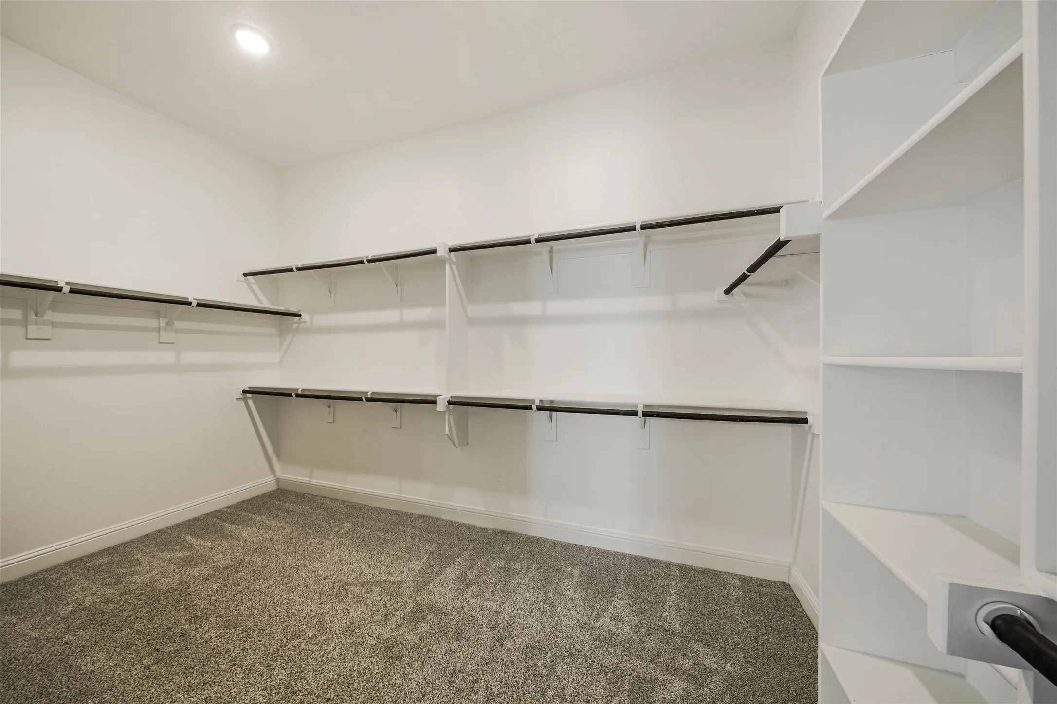 Recessed lighting, white walls, built-in shelving, hanging rods, and carpet flooring