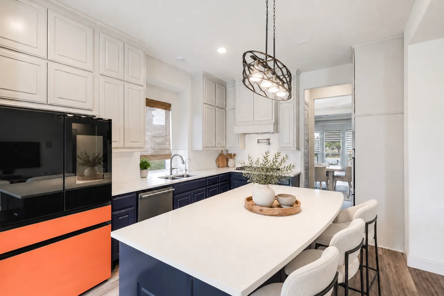 Expansive kitchen island with a stone countertop, featuring white shaker-style upper cabinetry and dark lower cabinetry- staging with AI