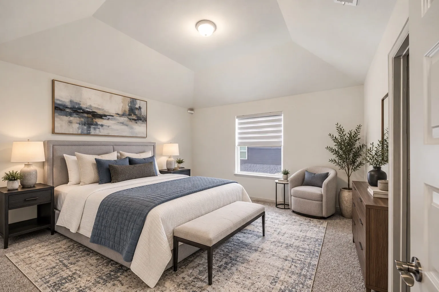 Vaulted ceiling with a flush-mount light fixture, window with horizontal blinds, and carpeted flooring staging with AI