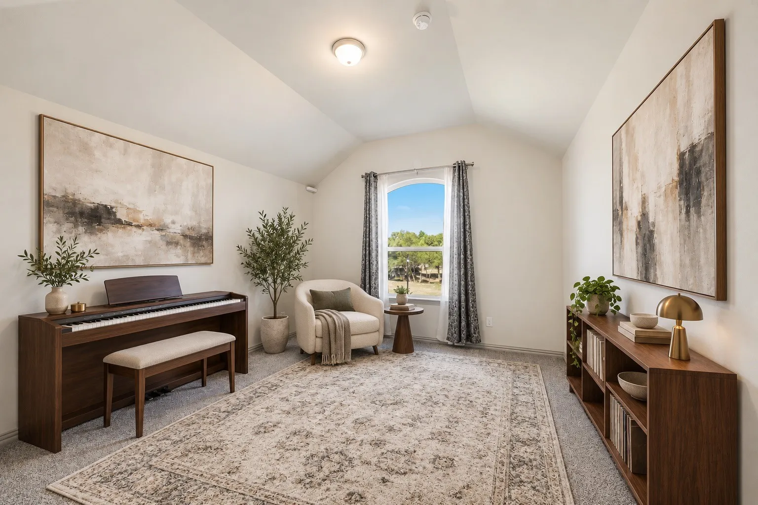 Vaulted ceiling, arched window, wall-to-wall carpeting, and recessed lighting staging with AI