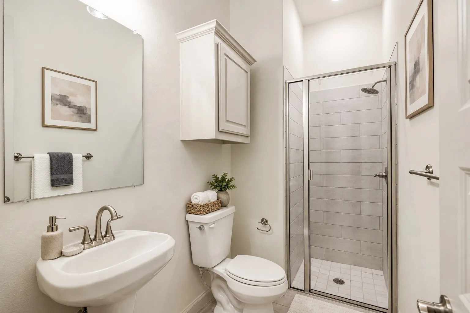 Glass-enclosed shower with subway tile surround, pedestal sink, wall-mounted cabinet, and brushed nickel fixtures staging with AI