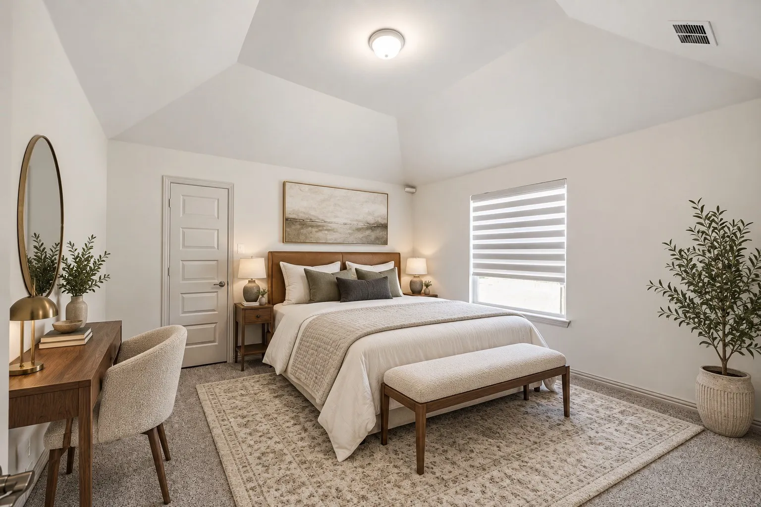 Tray ceiling, recessed lighting, five-panel interior door, window with blinds, and neutral carpeting staging with AI
