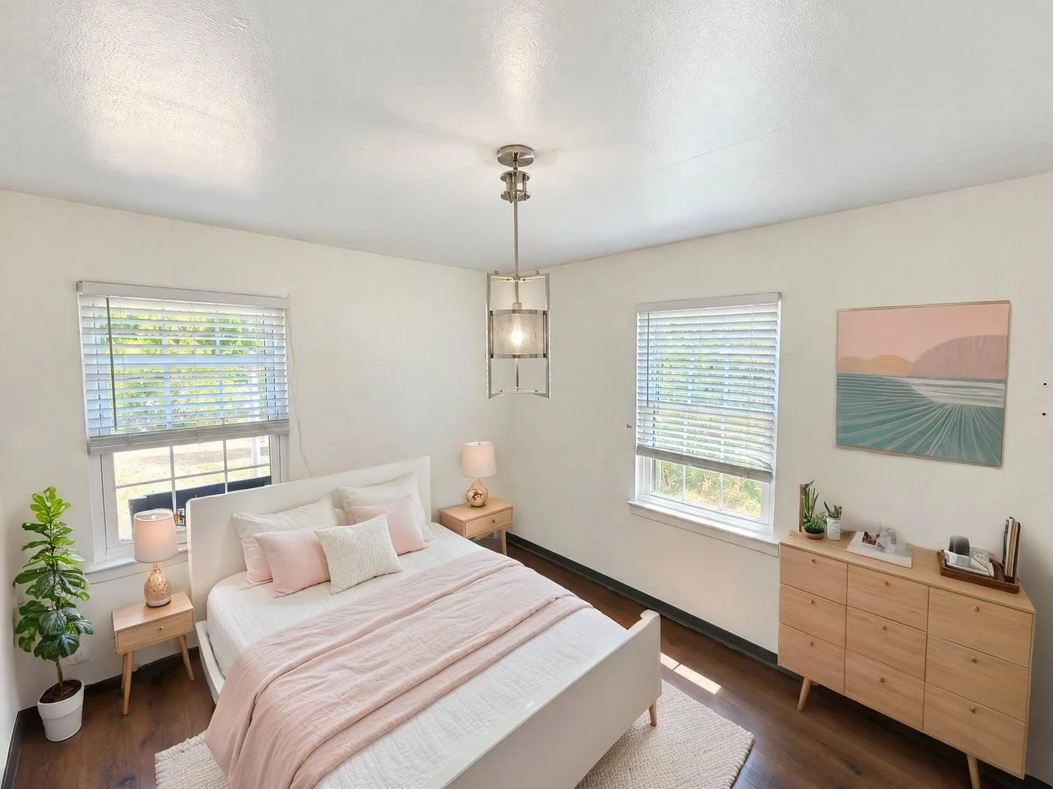 Virtually staged -
Wood-finish flooring, two windows with blinds, and a contemporary ceiling light fixture