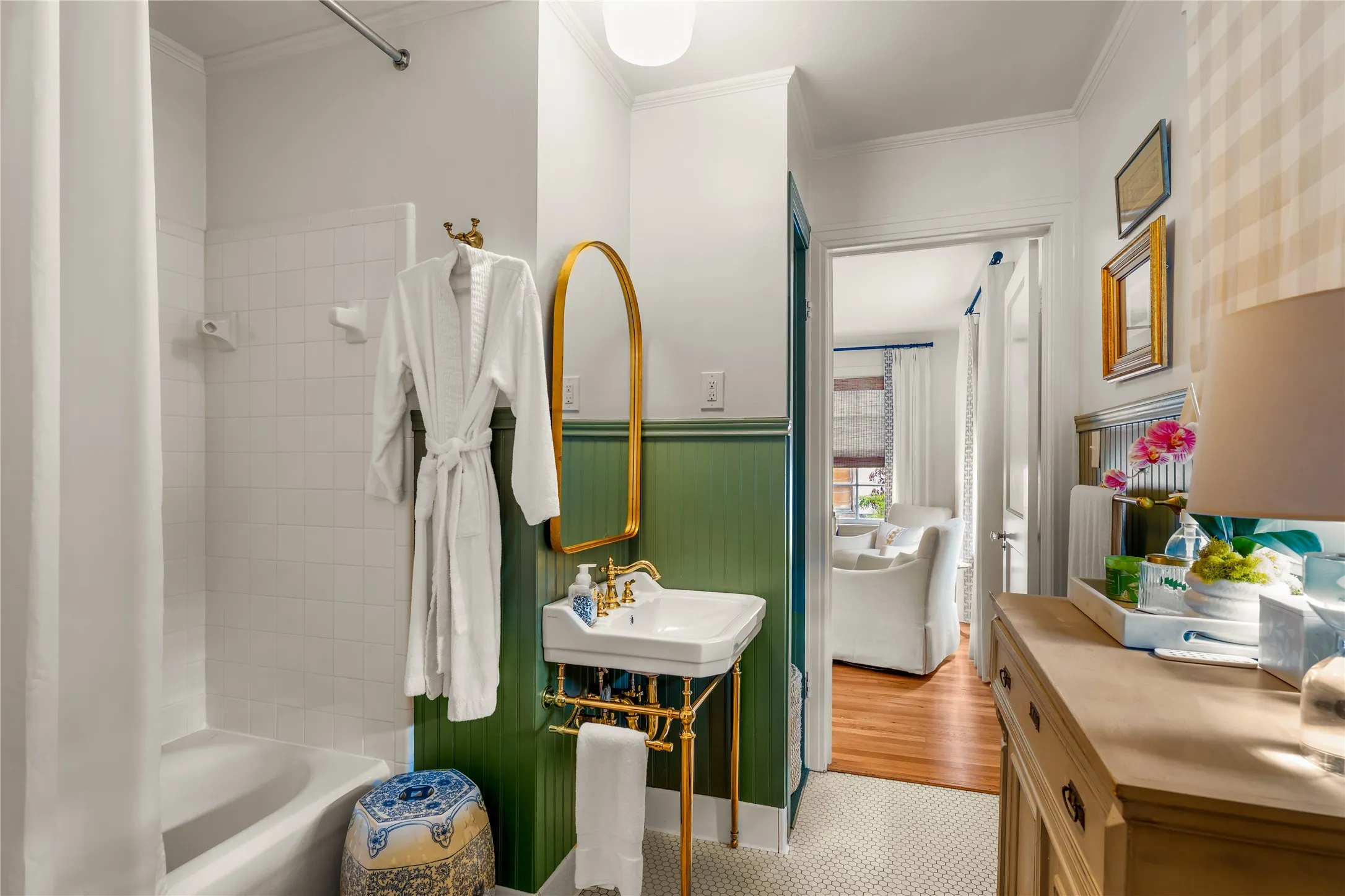 White subway tile shower with a built-in tub