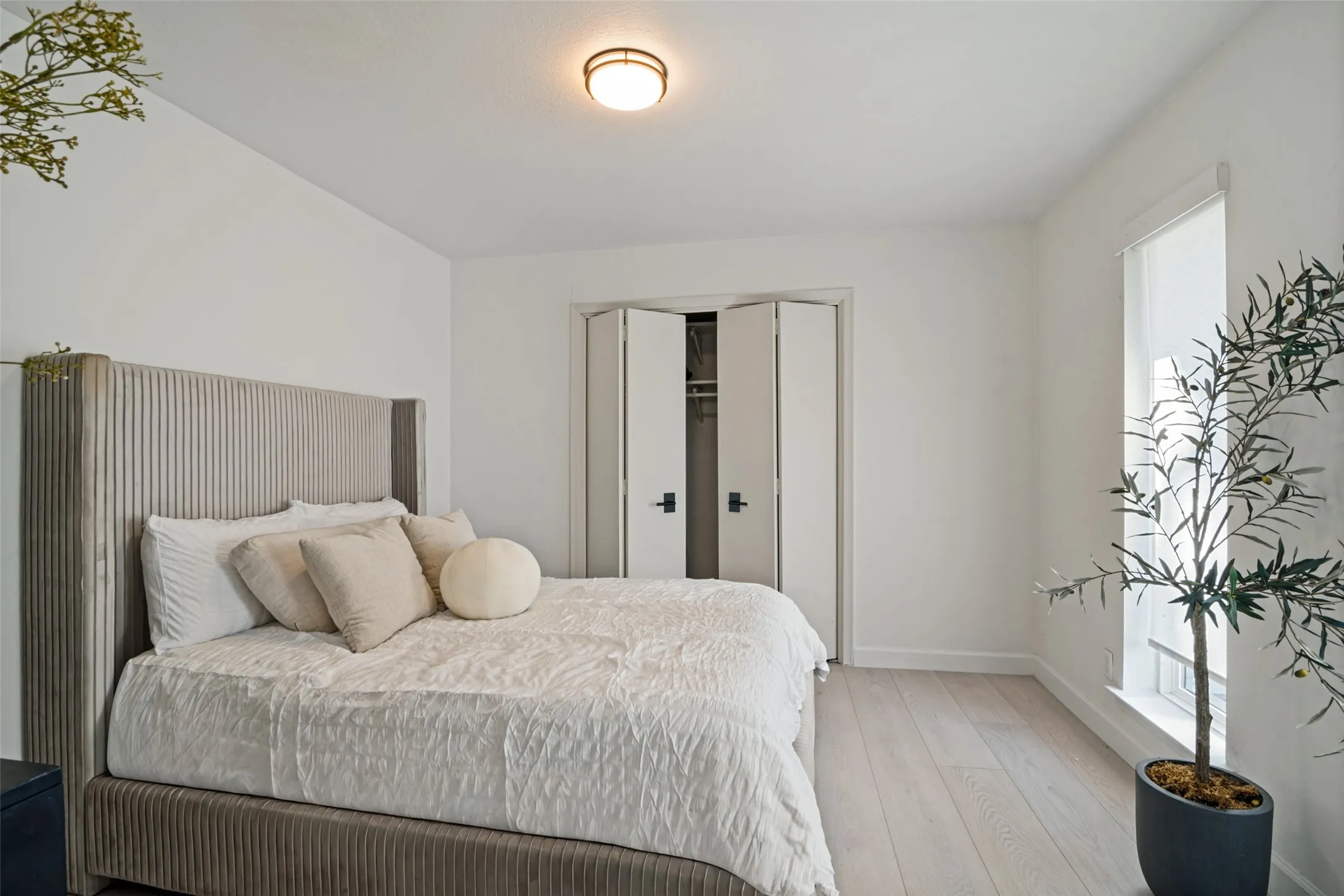 Light wood-finish flooring, white walls, flush-mount ceiling light, white bi-fold closet doors, and large window