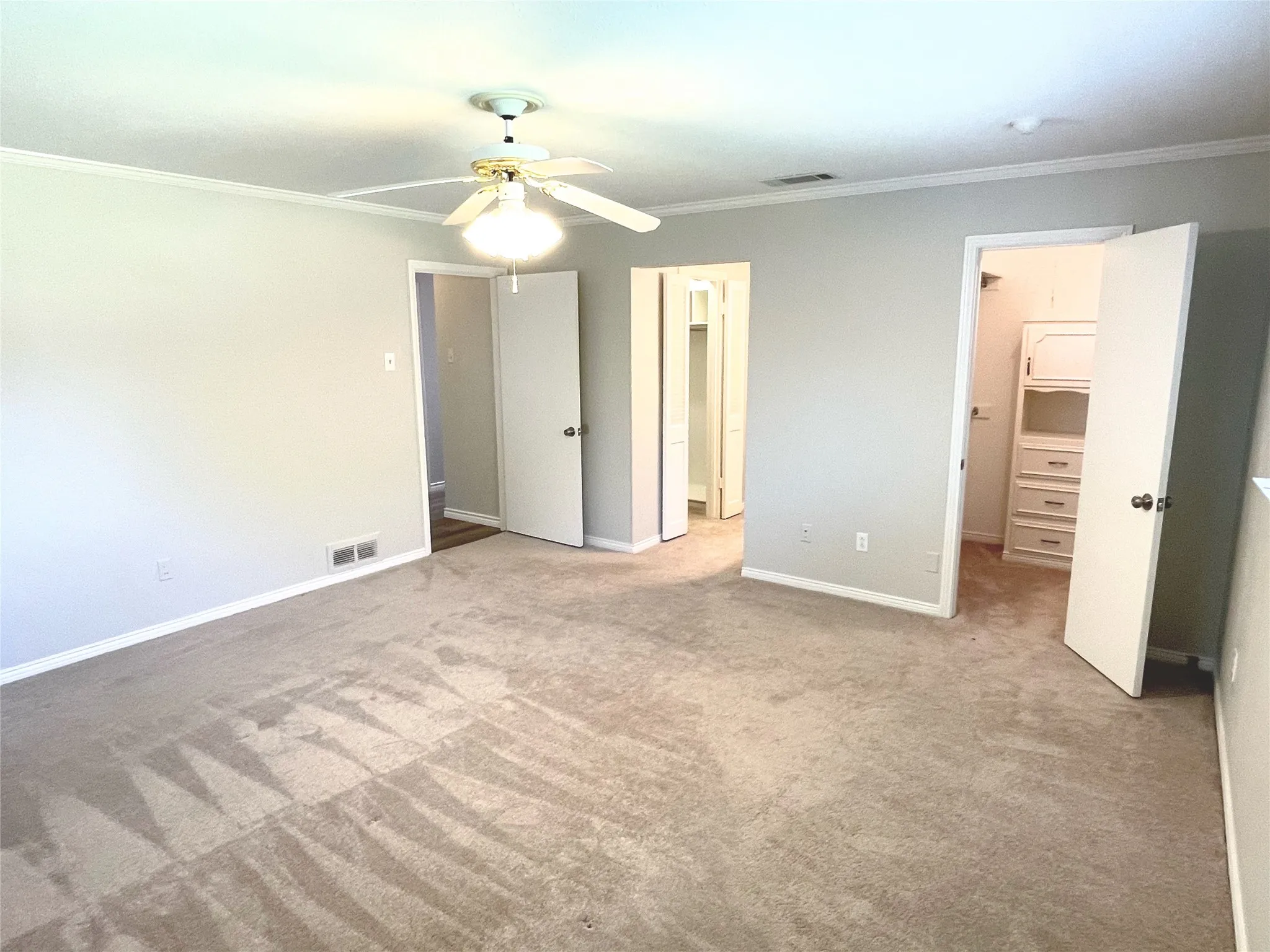 Primary bedroom with 2 spacious closets, ceiling fan, light colored carpet, and crown molding