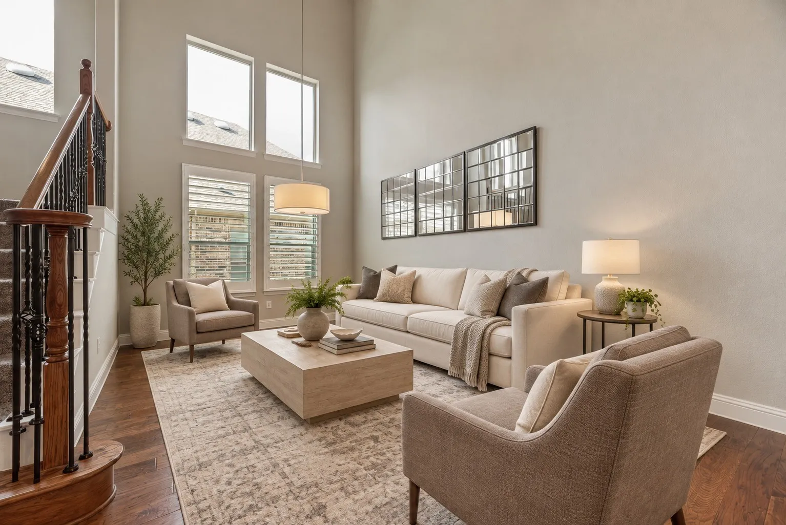 Soaring ceilings with upper windows, wood-finish flooring, two-story staircase with wrought iron balusters, and a contemporary pendant light fixture