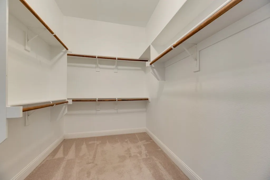 Expansive walk-in closet featuring light-colored carpeting, multiple levels of wood-finish hanging rods, and integrated shelving