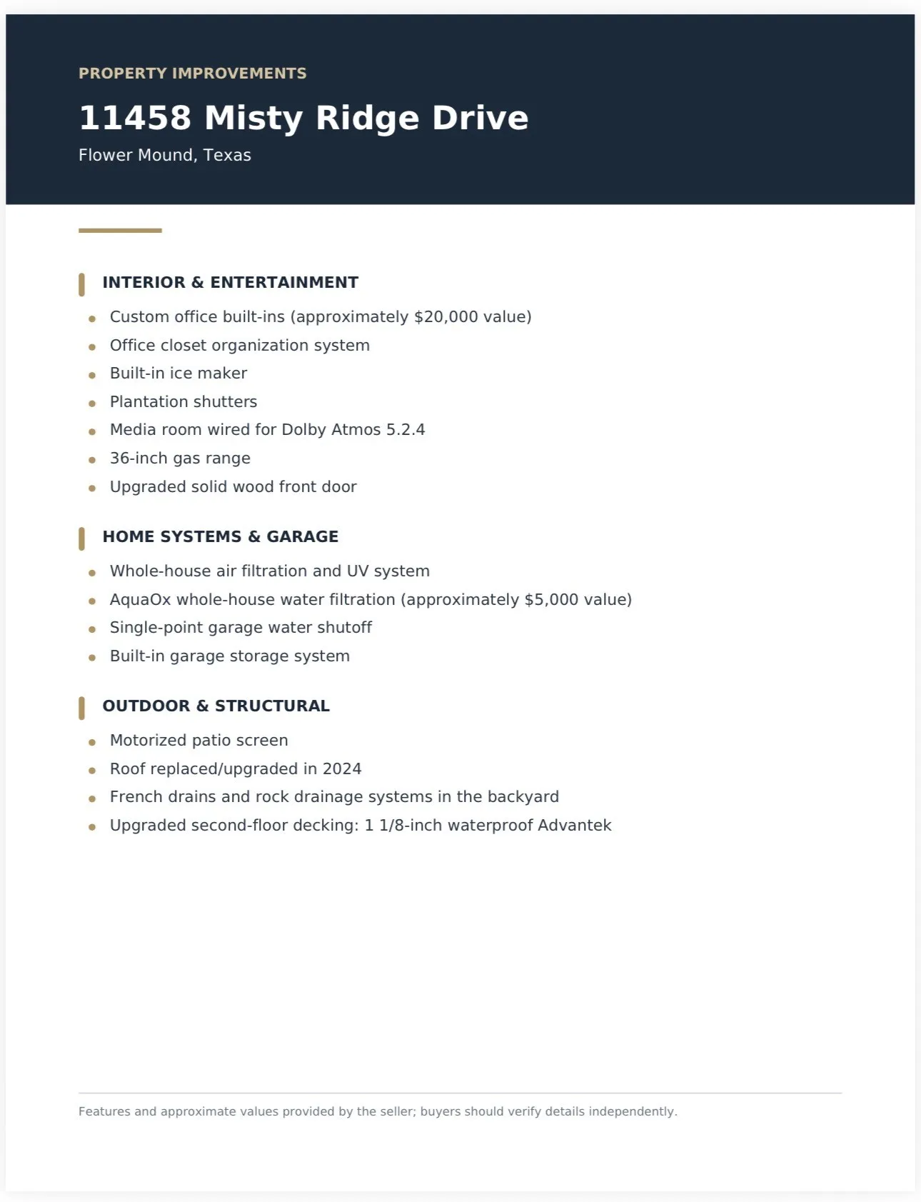 Property Improvements. Listing specific enhancements and systems within the property