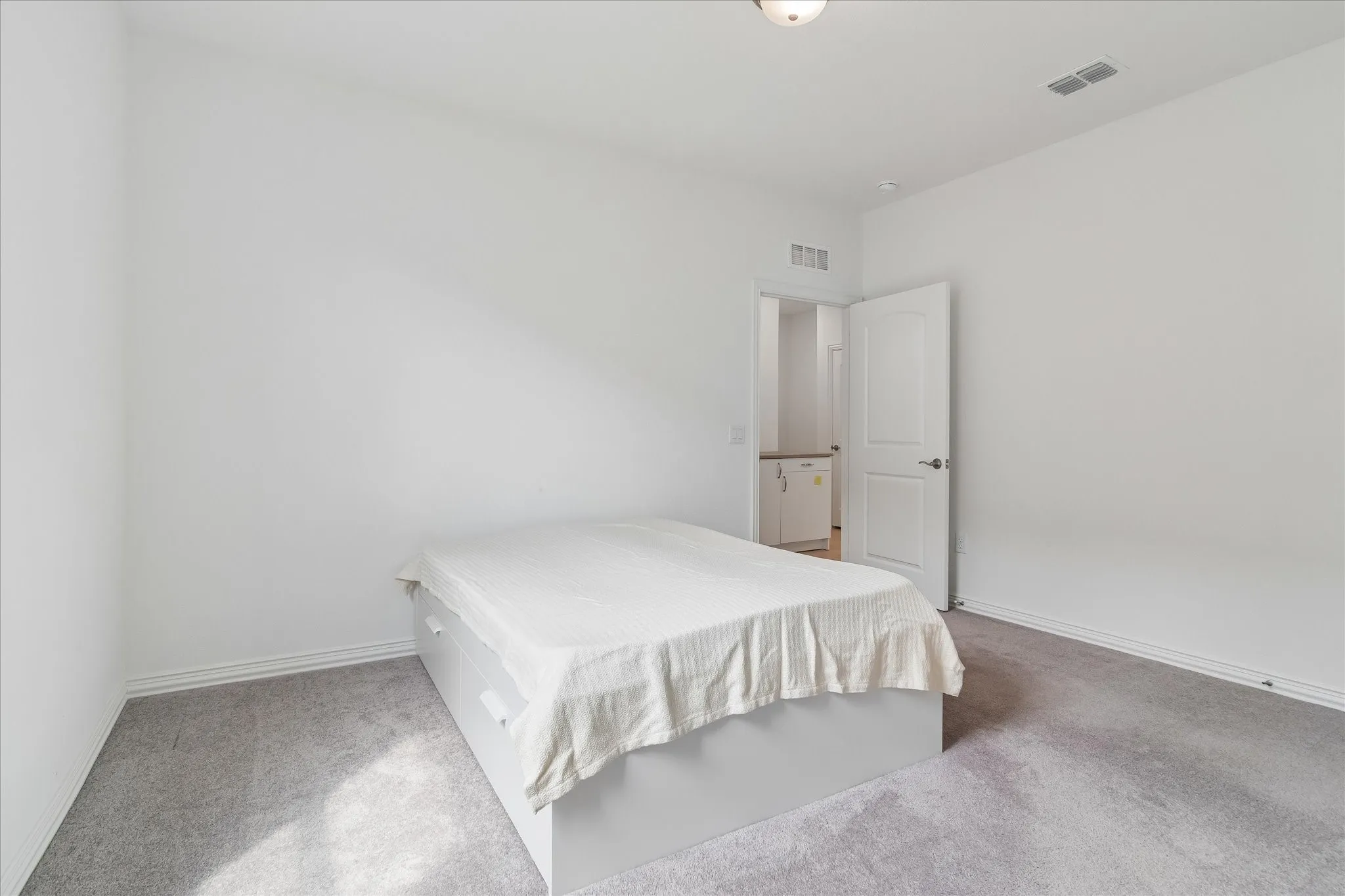Light gray carpet flooring and white painted walls