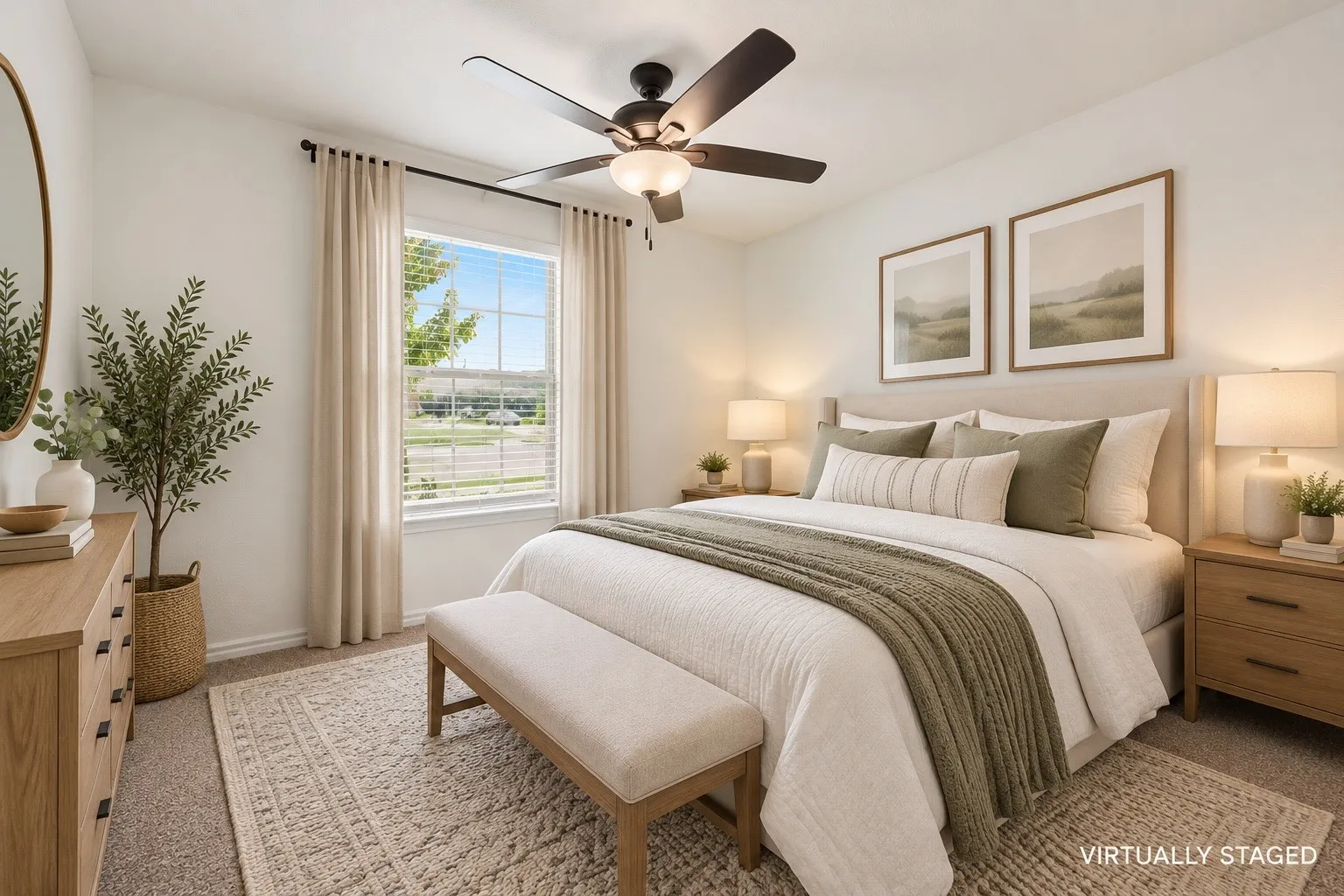 Carpeted bedroom featuring a ceiling fan with integrated lighting, a window with blinds, and white walls