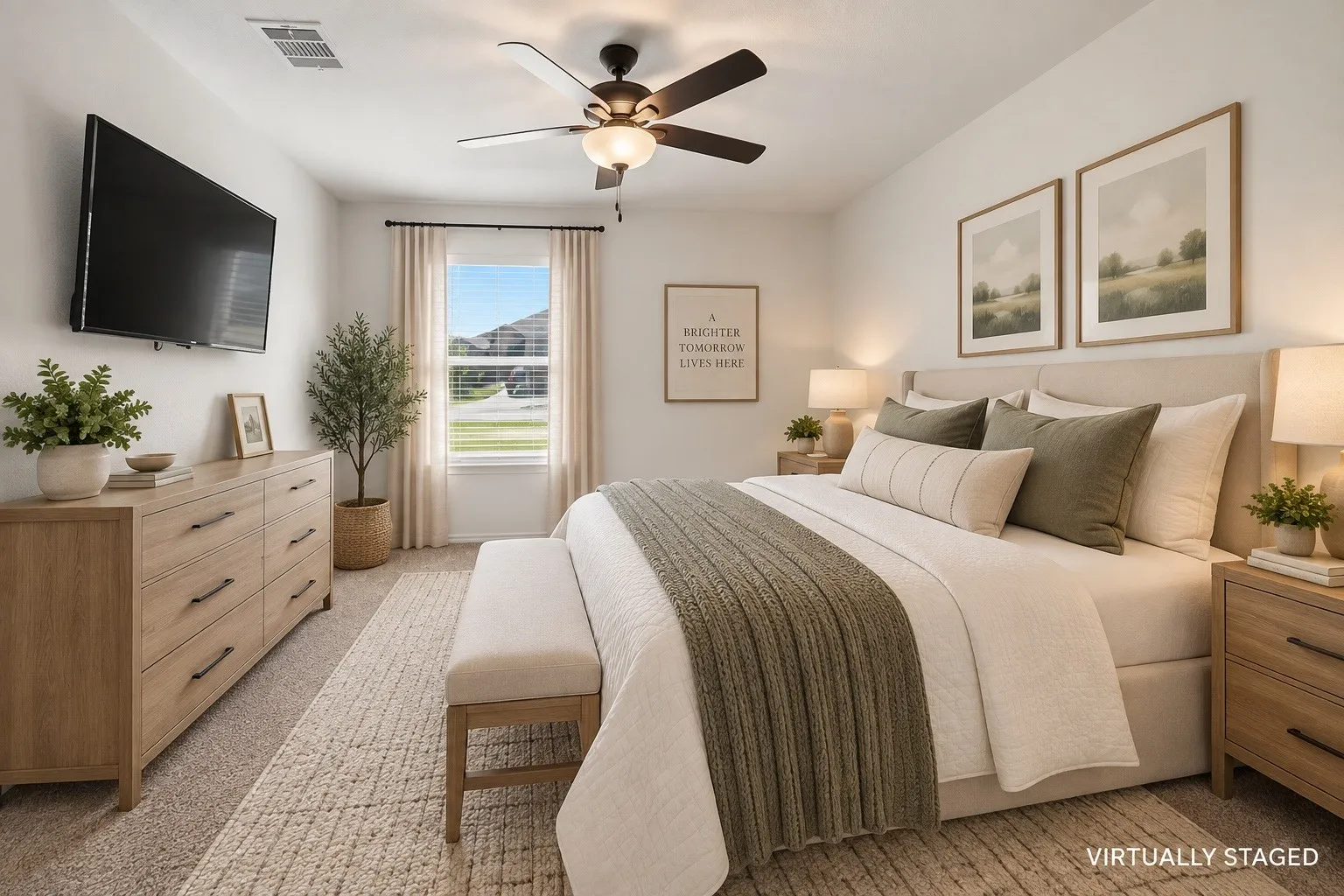 Recessed lighting, ceiling fan with integrated light, carpeted flooring, window with roller shade, and a light-colored headboard