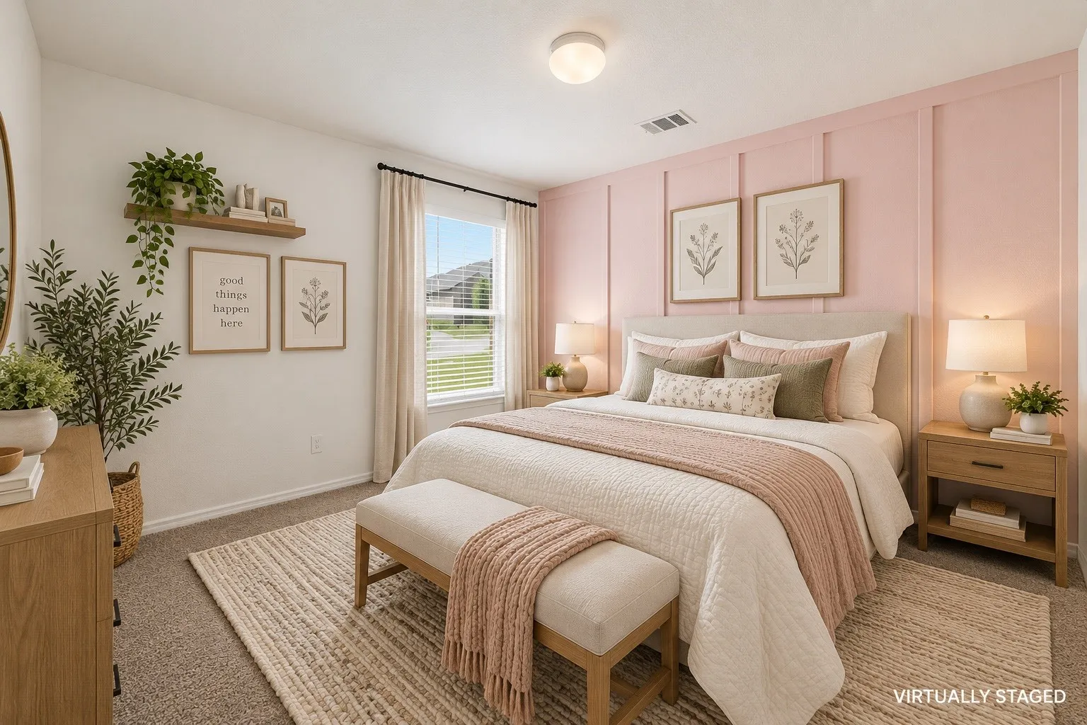 Wall paneling accent, flush mount ceiling light, window with blinds, carpeted flooring, wood-finish nightstands