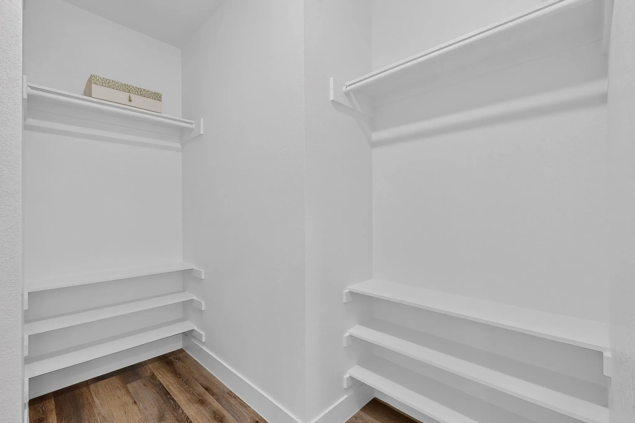 Primary walk-in closet featuring wood-finish flooring, white walls, multiple built-in shelves, and clothing rods.