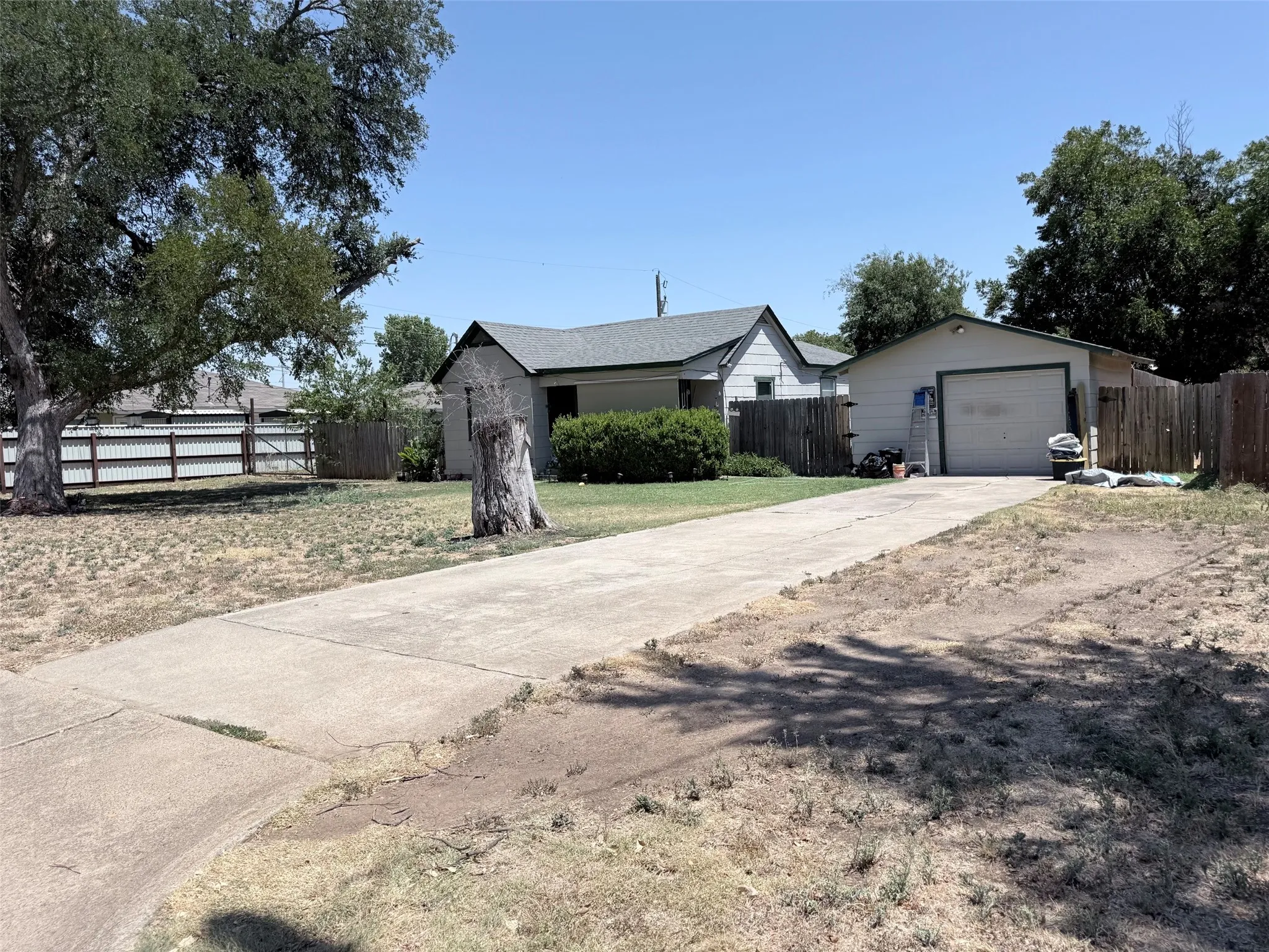 316 Ralph Street  (2nd dwelling) Driveway leading to the attached garage, featuring a wood fence, mature trees, and a landscaped front yard with shrubbery
