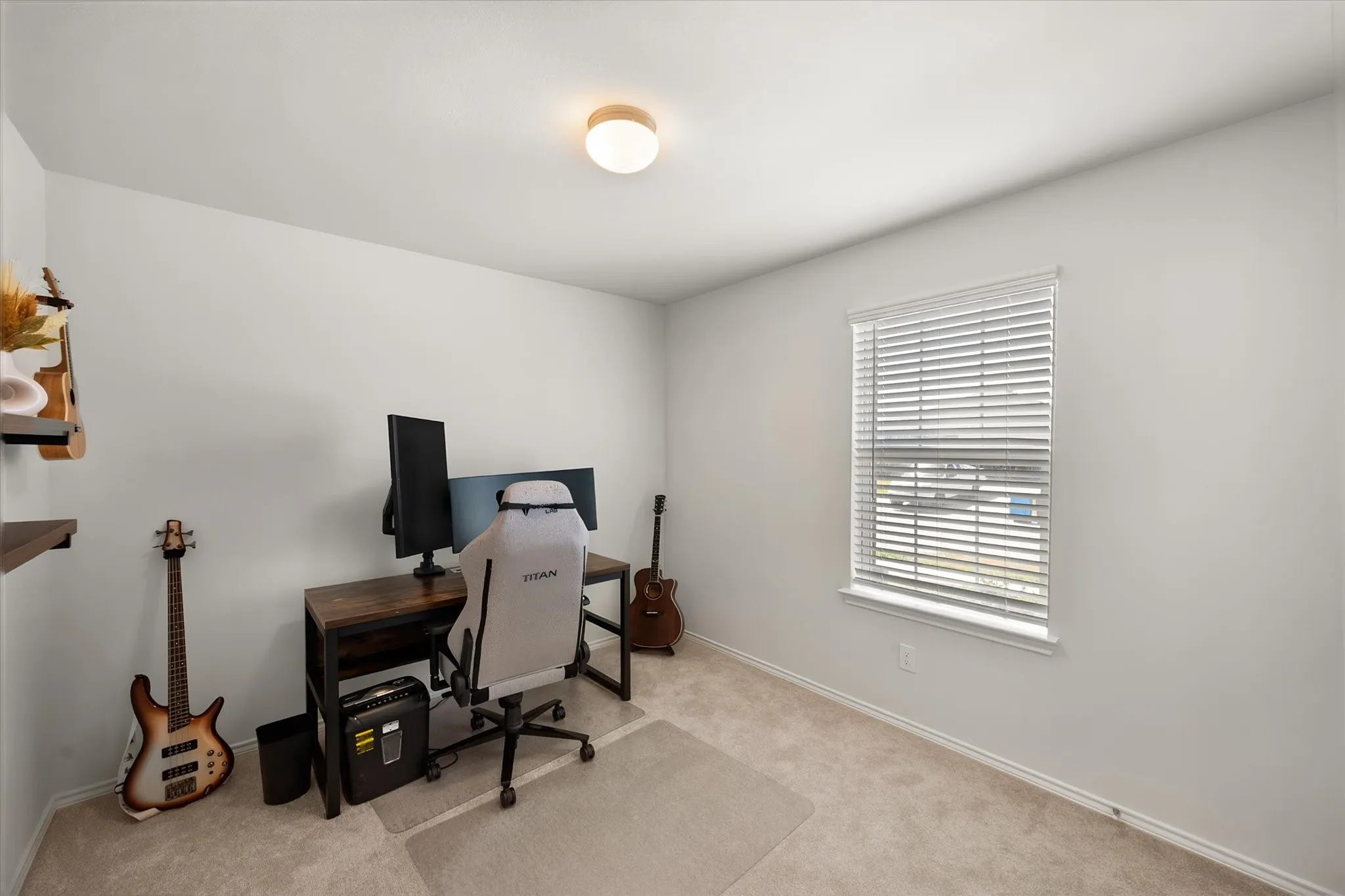 Neutral wall paint, carpet flooring, window with blinds, and ceiling-mounted light fixture
