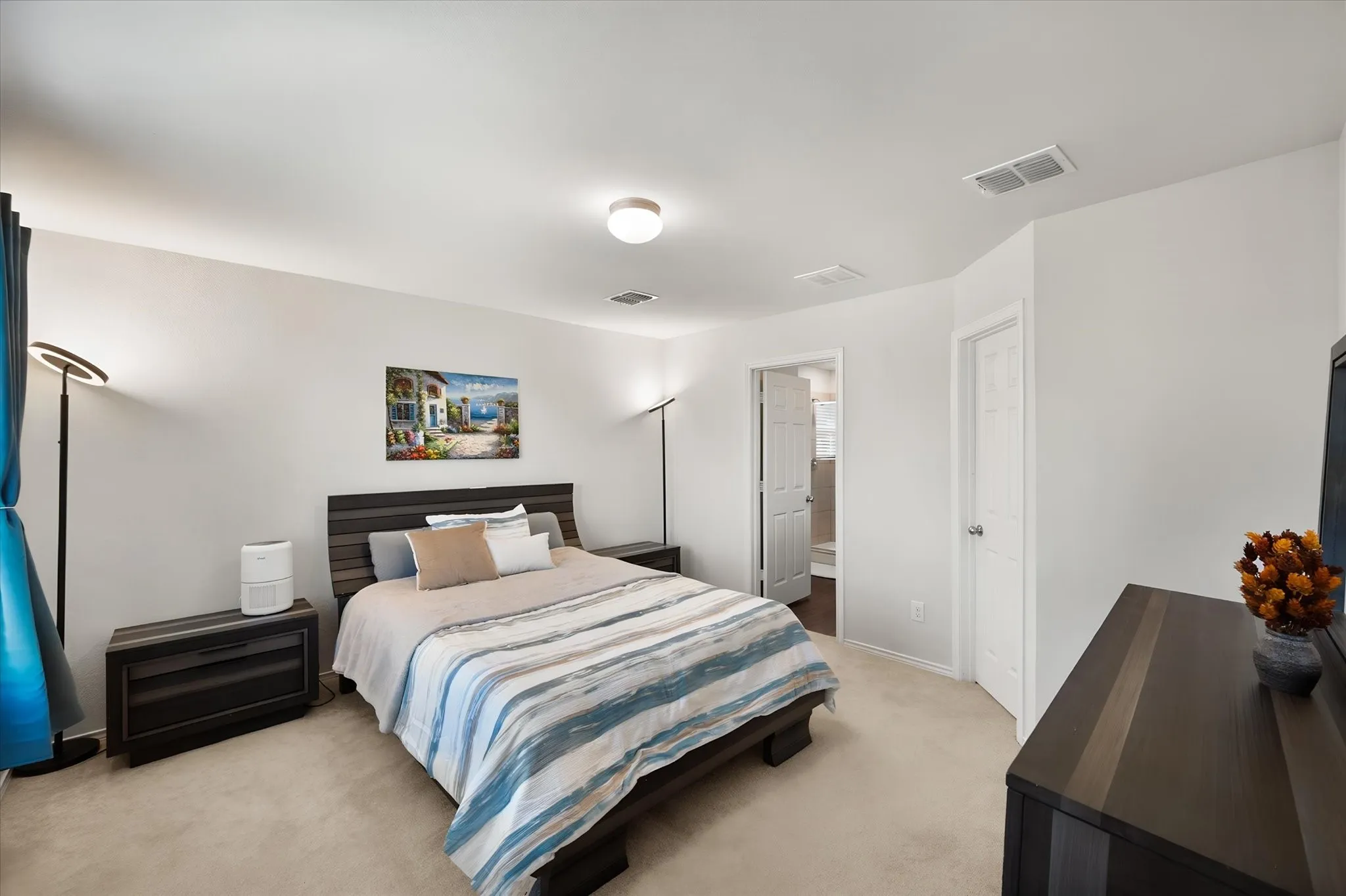 Neutral wall color, wall-to-wall carpeting, overhead lighting, paneled interior doors, and a partial bath visible