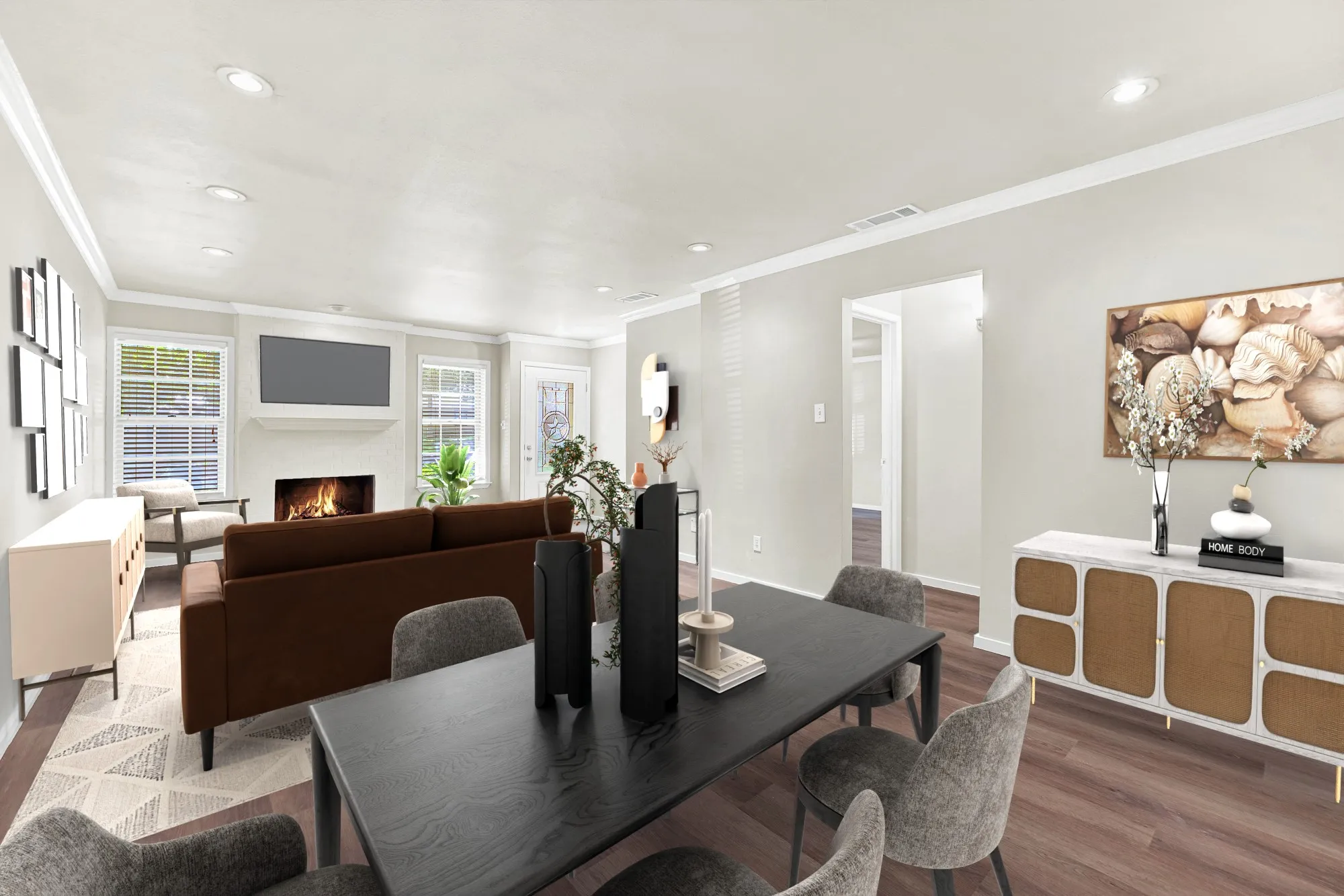 Recessed lighting, crown molding, wood-finish flooring, a fireplace with a mantel, and bright double-hung windows