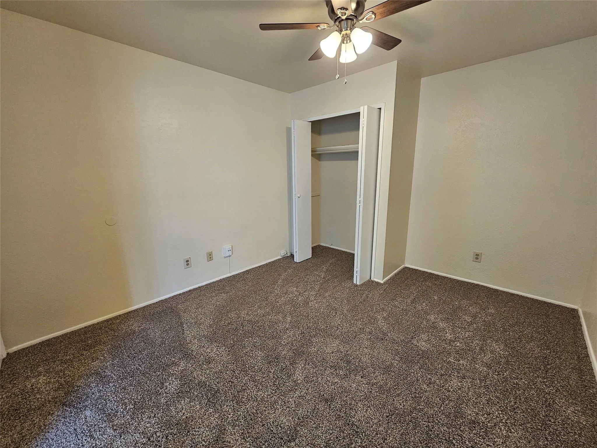 Neutral-toned walls complement the textured carpet flooring