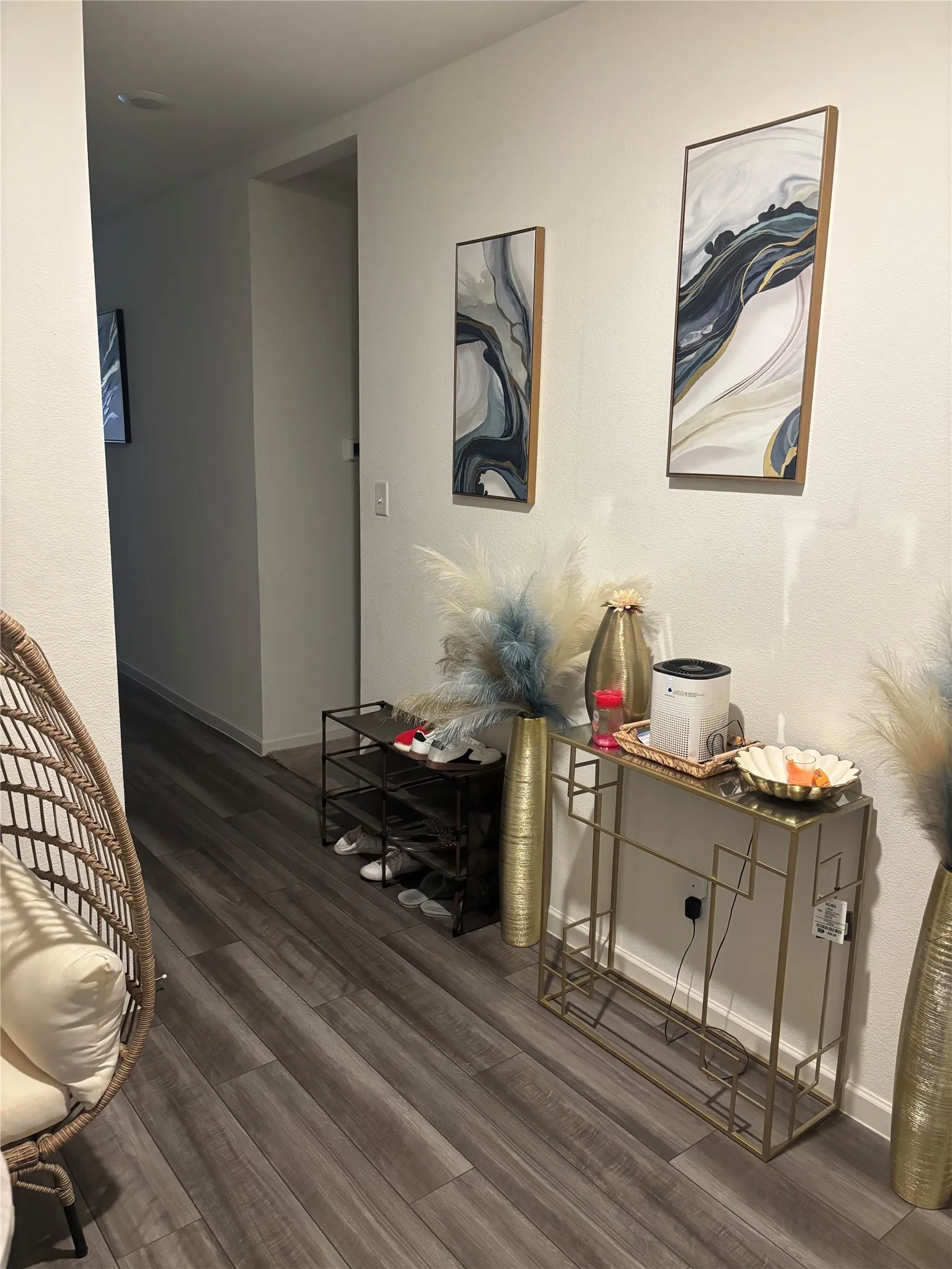 Wood-finish flooring extending through the hallway
