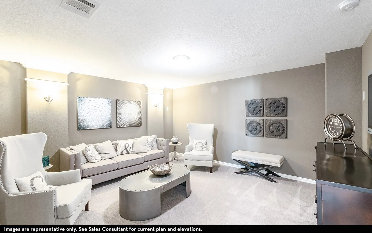 Recessed ceiling lighting, wall sconces, ceiling-mounted light fixture, crown molding, and carpeted flooring