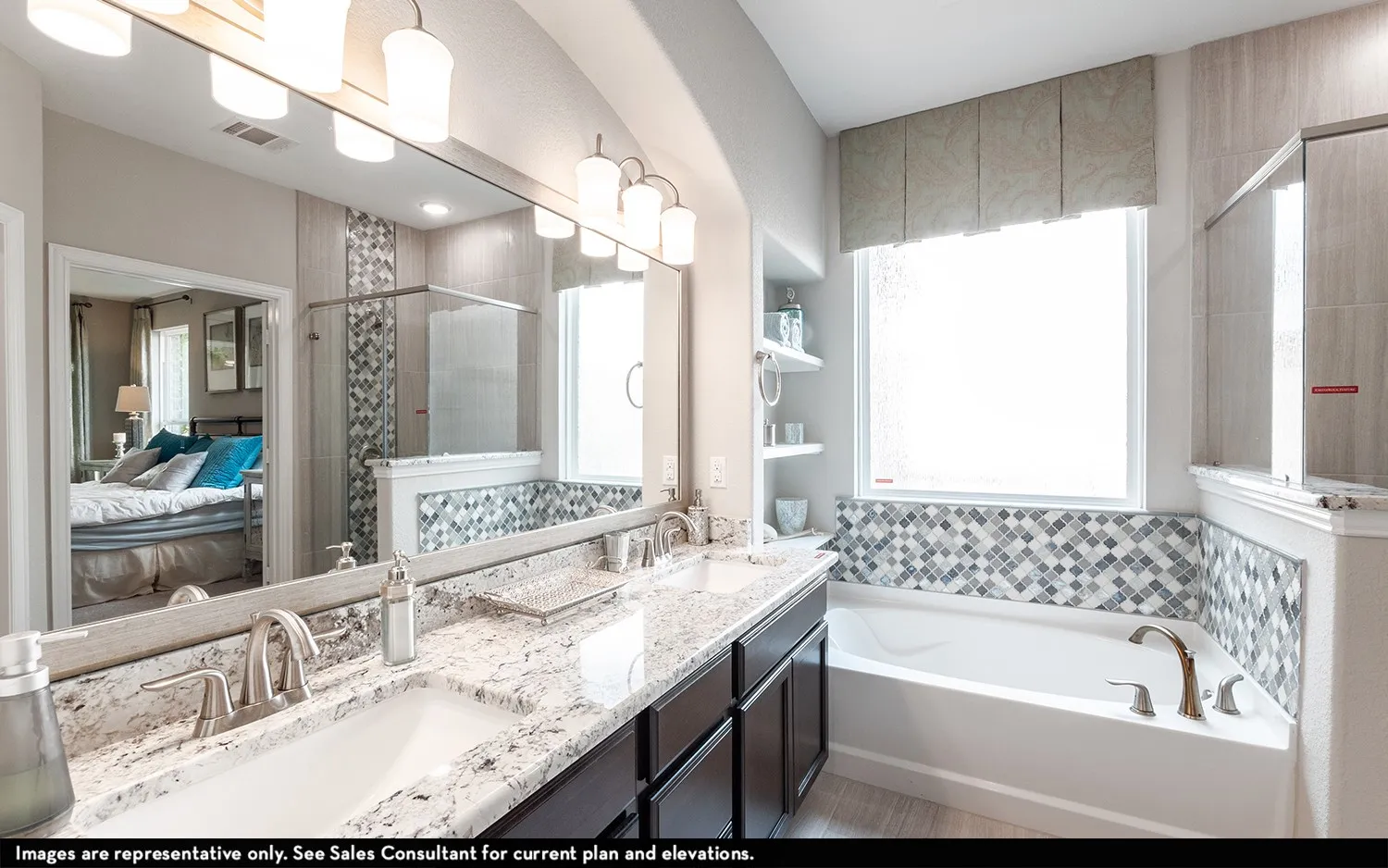 Dual vanity with integrated sinks and granite-finish countertop, tiled backsplash, large soaking tub, and walk-in shower with glass enclosure
