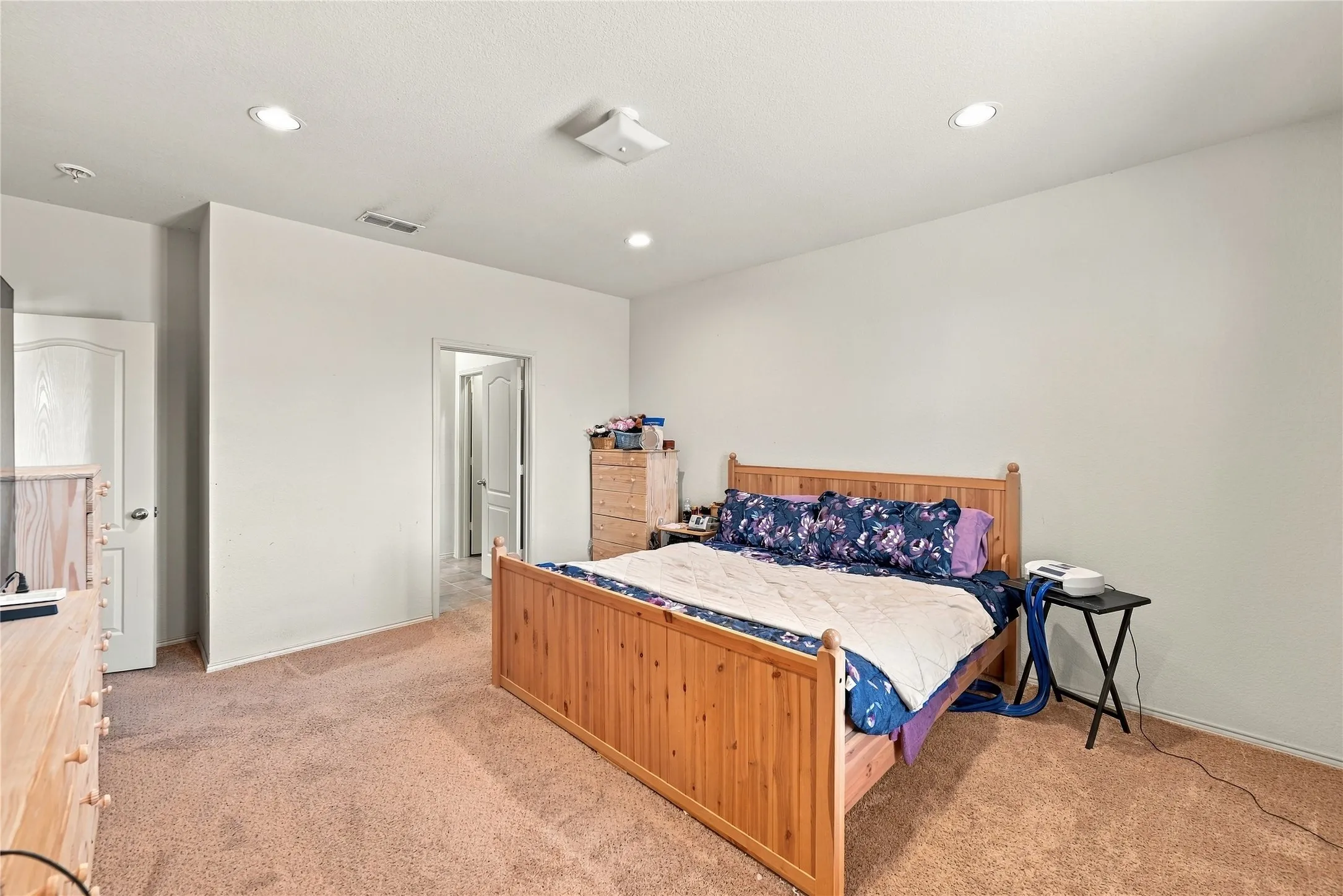 Plush carpet flooring, recessed lighting, and white interior doors