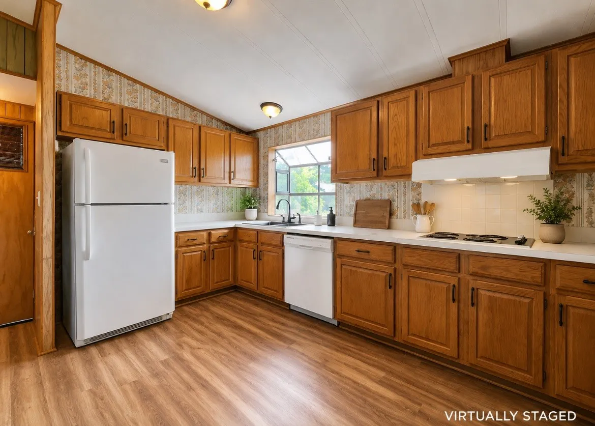 Kitchen featuring wood-finish flooring, wood cabinetry with dark hardware, white countertops, a white tile backsplash, and a corner sink with a black faucet