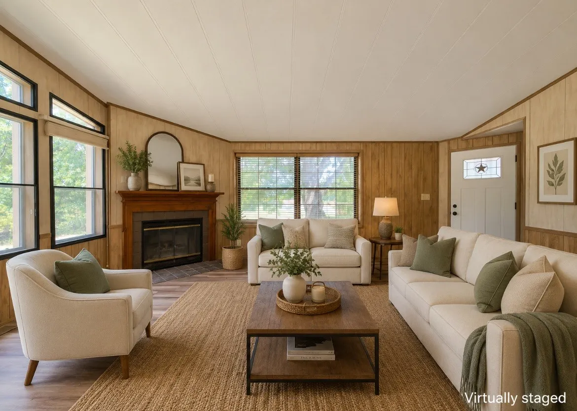 Wood-finish flooring, wood paneling, a fireplace with a wood mantel, multiple windows, and a white entry door with a star-patterned glass insert