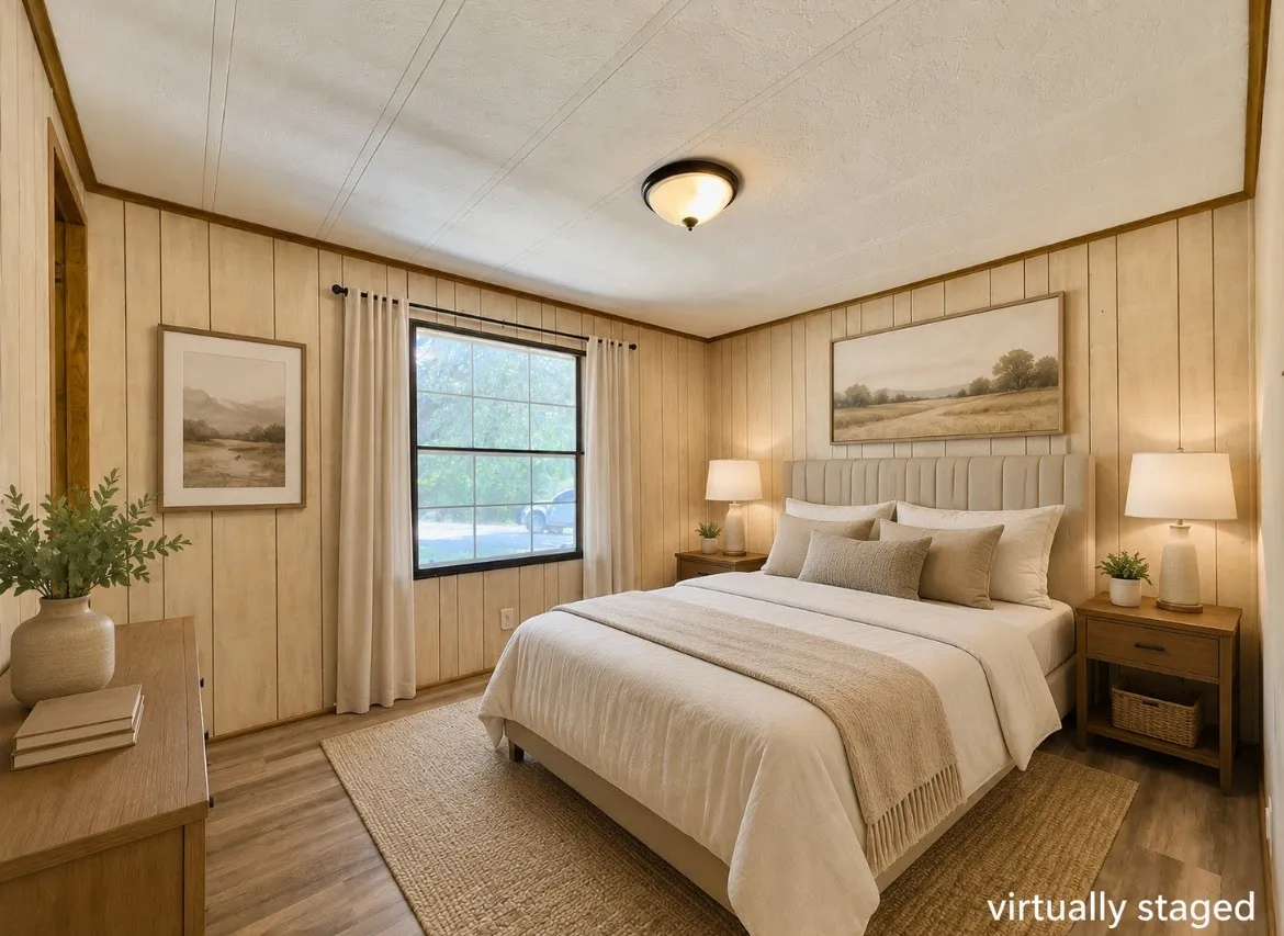 Wood-finish flooring with vertical wall paneling and a large window