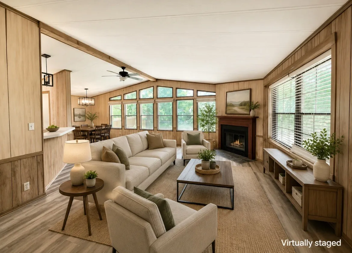 Living area featuring wood-finish flooring, a built-in fireplace with a mantel, a ceiling fan, and multiple large windows