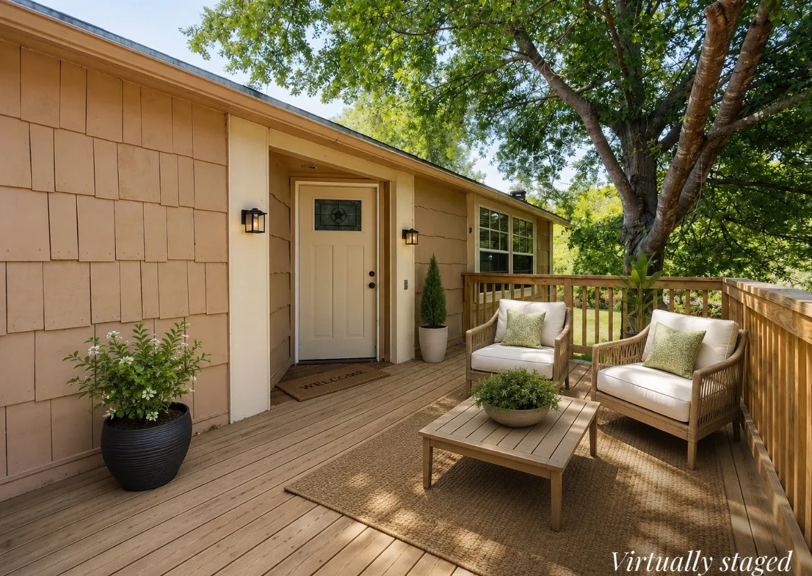 Expansive wood-finish decking with wood railing