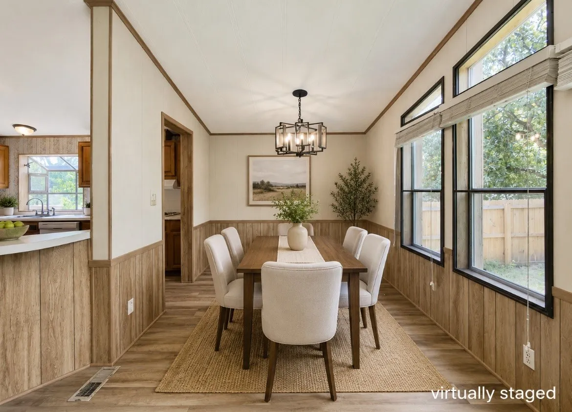 Dining area featuring wood-finish flooring, wainscoting, and large windows with transom accents