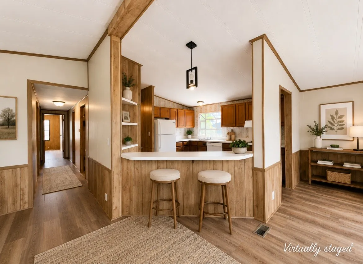 Wood-finish flooring throughout, with wainscoting and coordinating trim